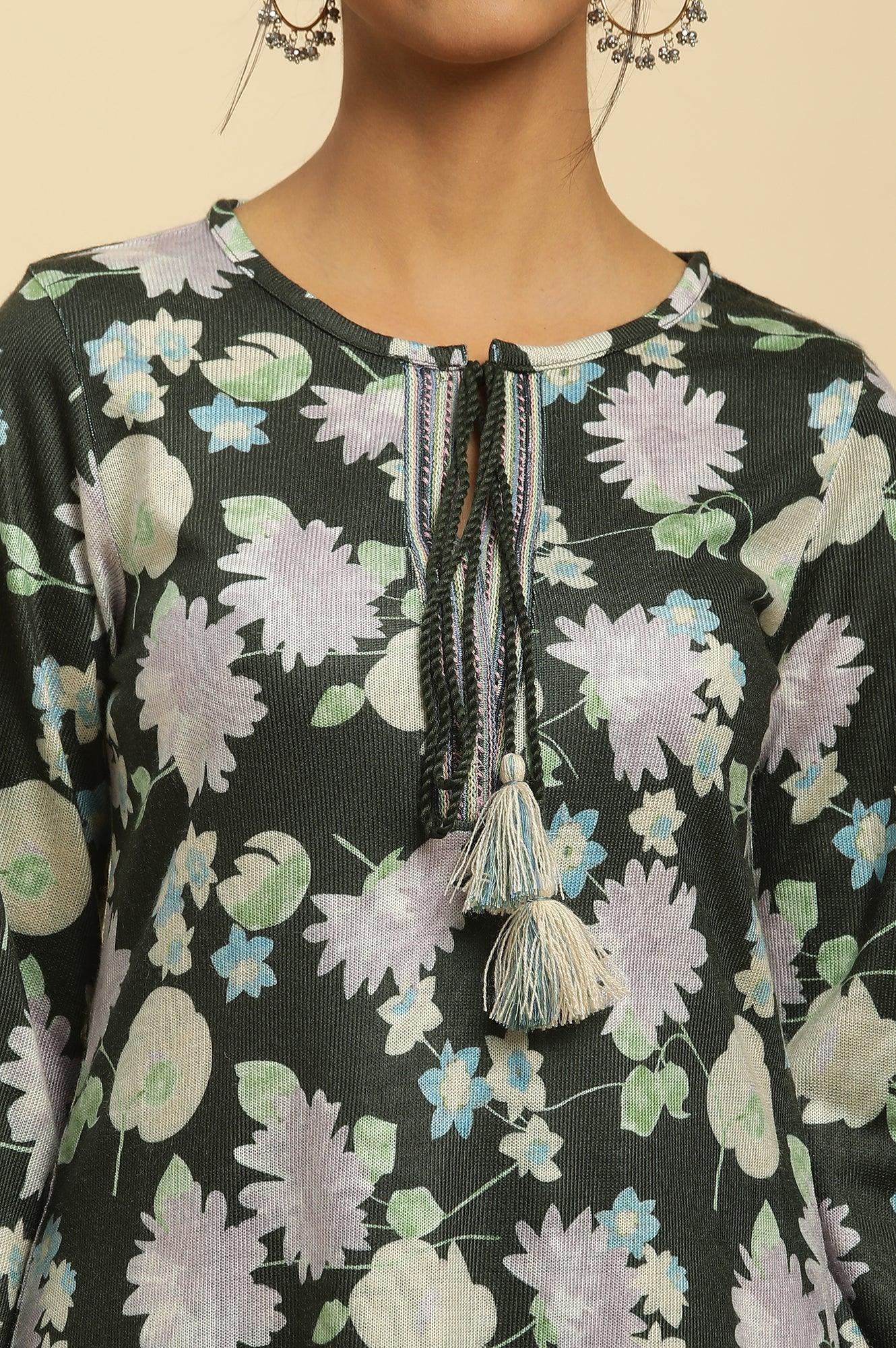 Black Floral Printed Embroidered Winter Kurta - Image 6