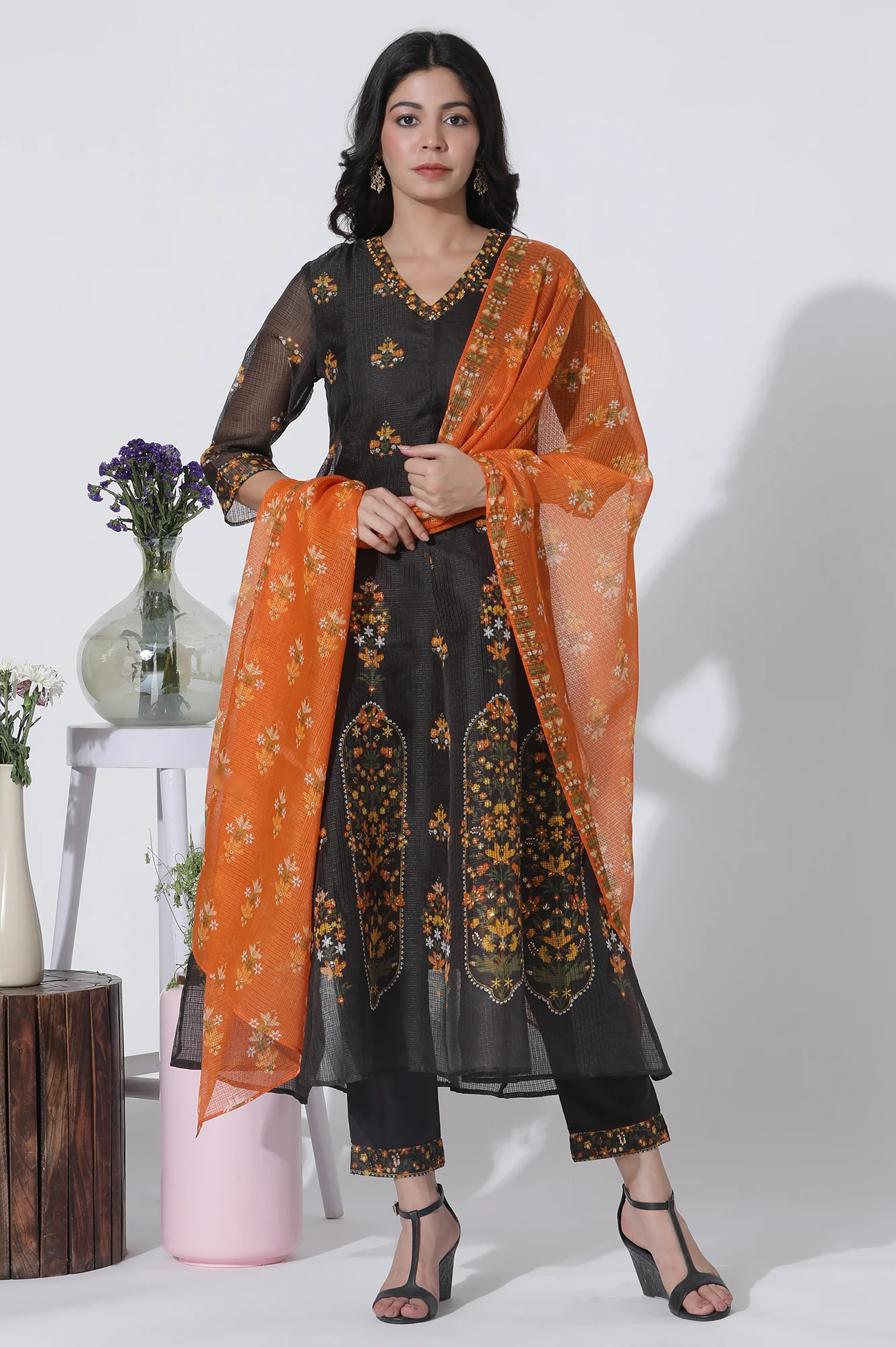 Black Floral Printed Flared Kota Kurta, Pants And Dupatta Set - Image 2