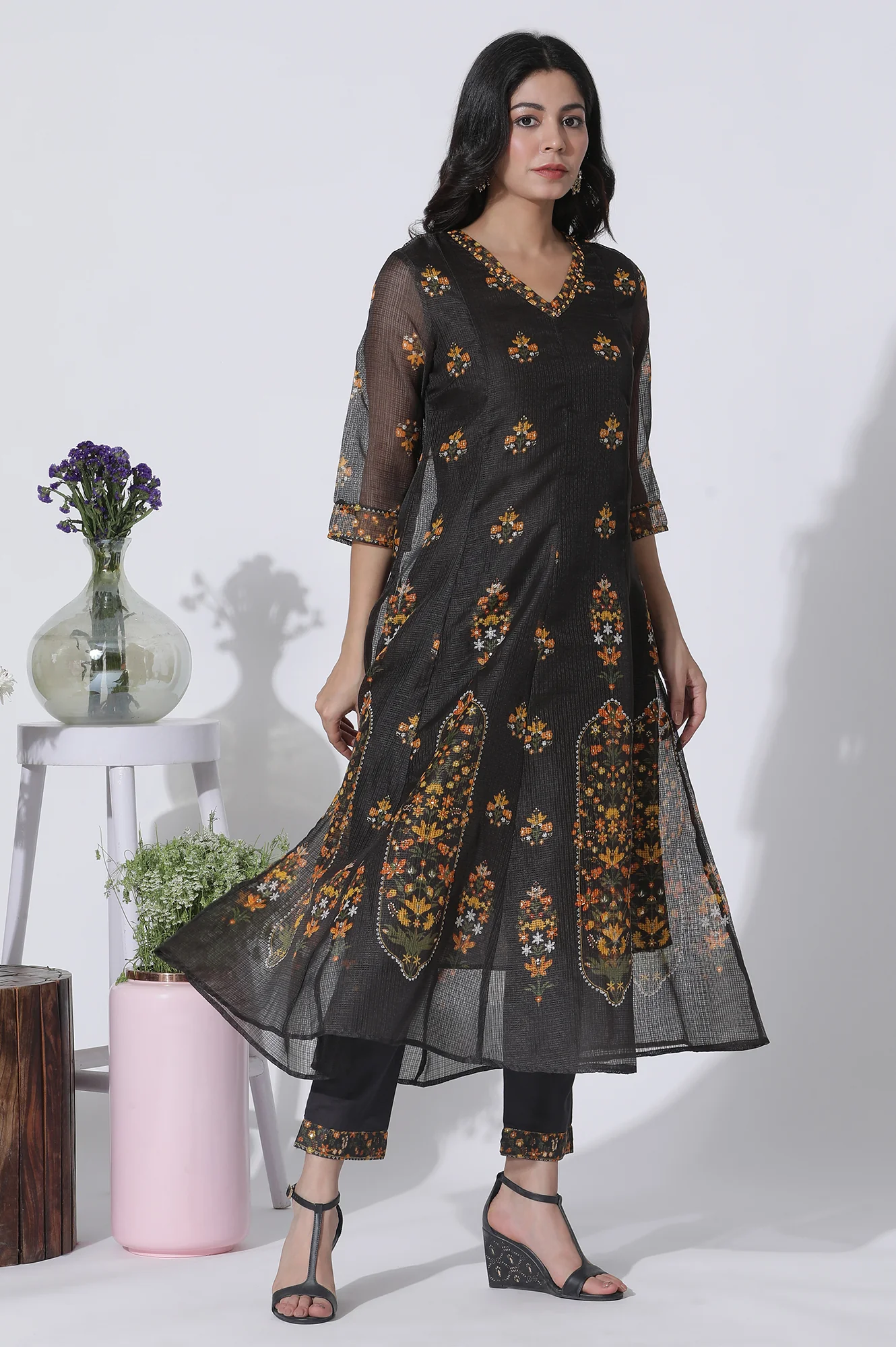 Black Floral Printed Flared Kota Kurta, Pants And Dupatta Set - Image 4