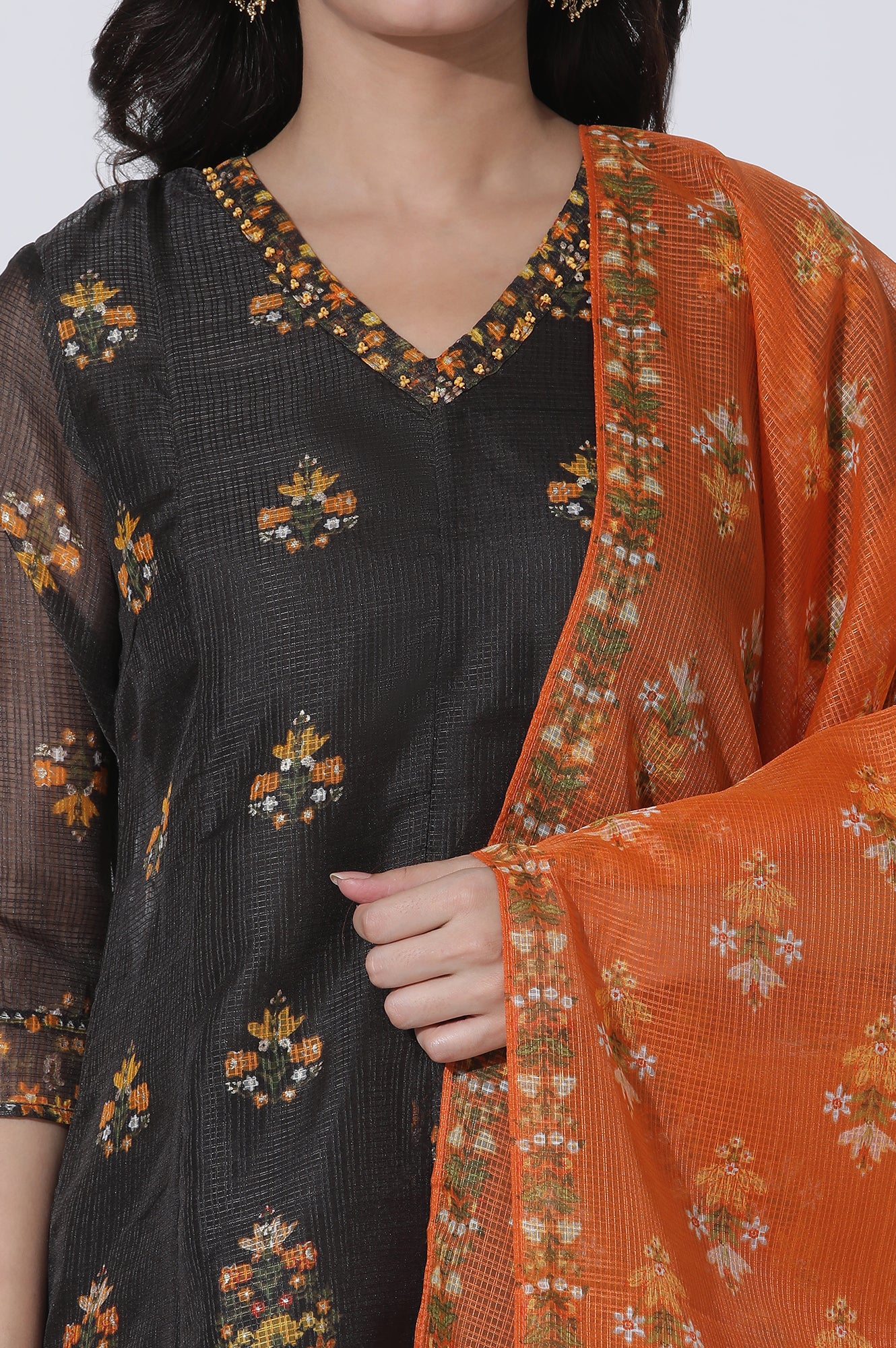 Black Floral Printed Flared Kota Kurta, Pants And Dupatta Set - Image 5