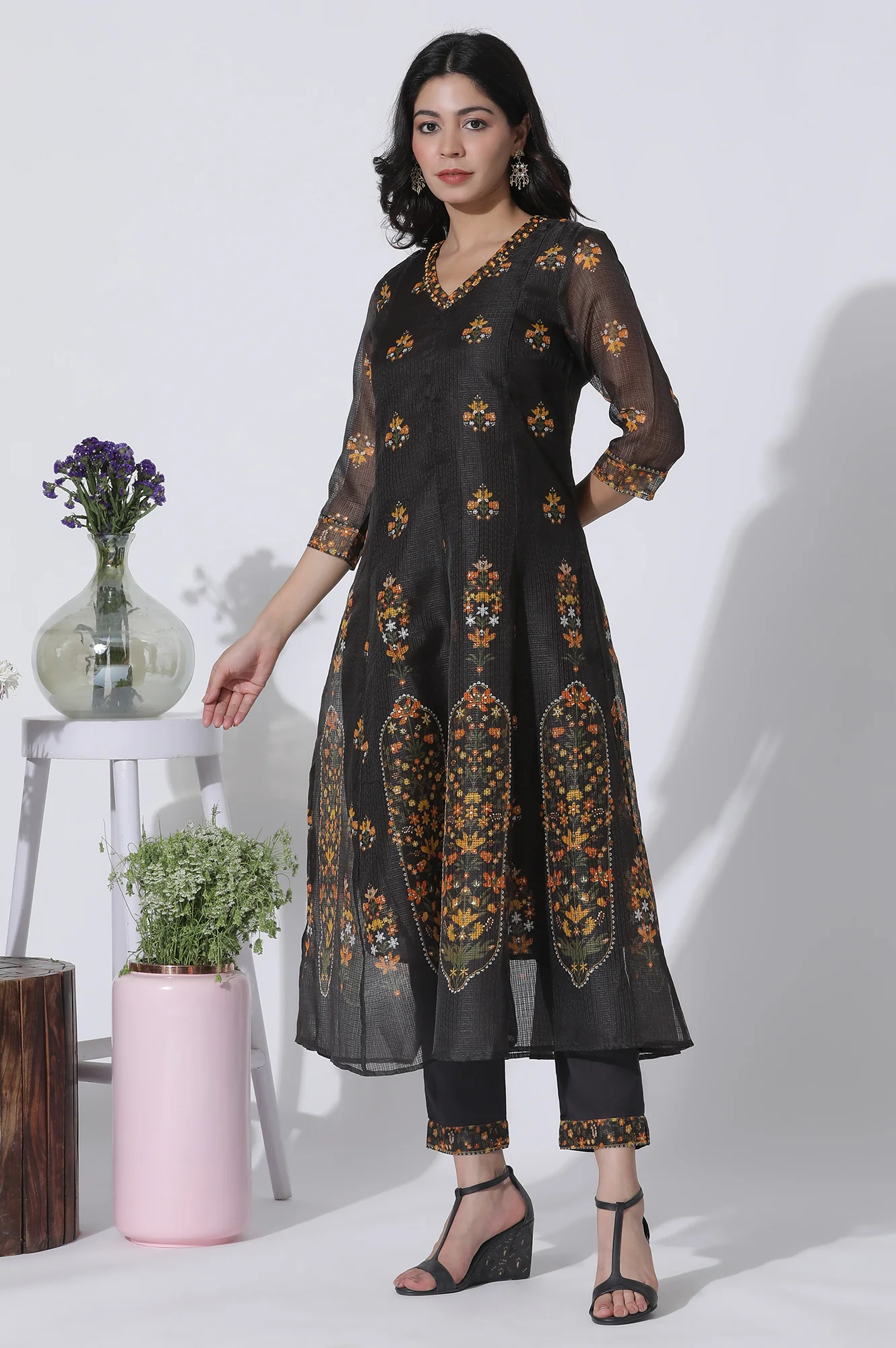 Black Floral Printed Flared Kota Kurta, Pants And Dupatta Set - Image 3