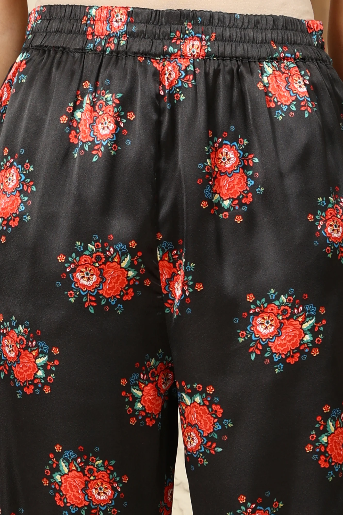 Black Floral Printed Japenese Satin Embroidered A-Line Kurta And Pants Set With Dupatta - Image 8