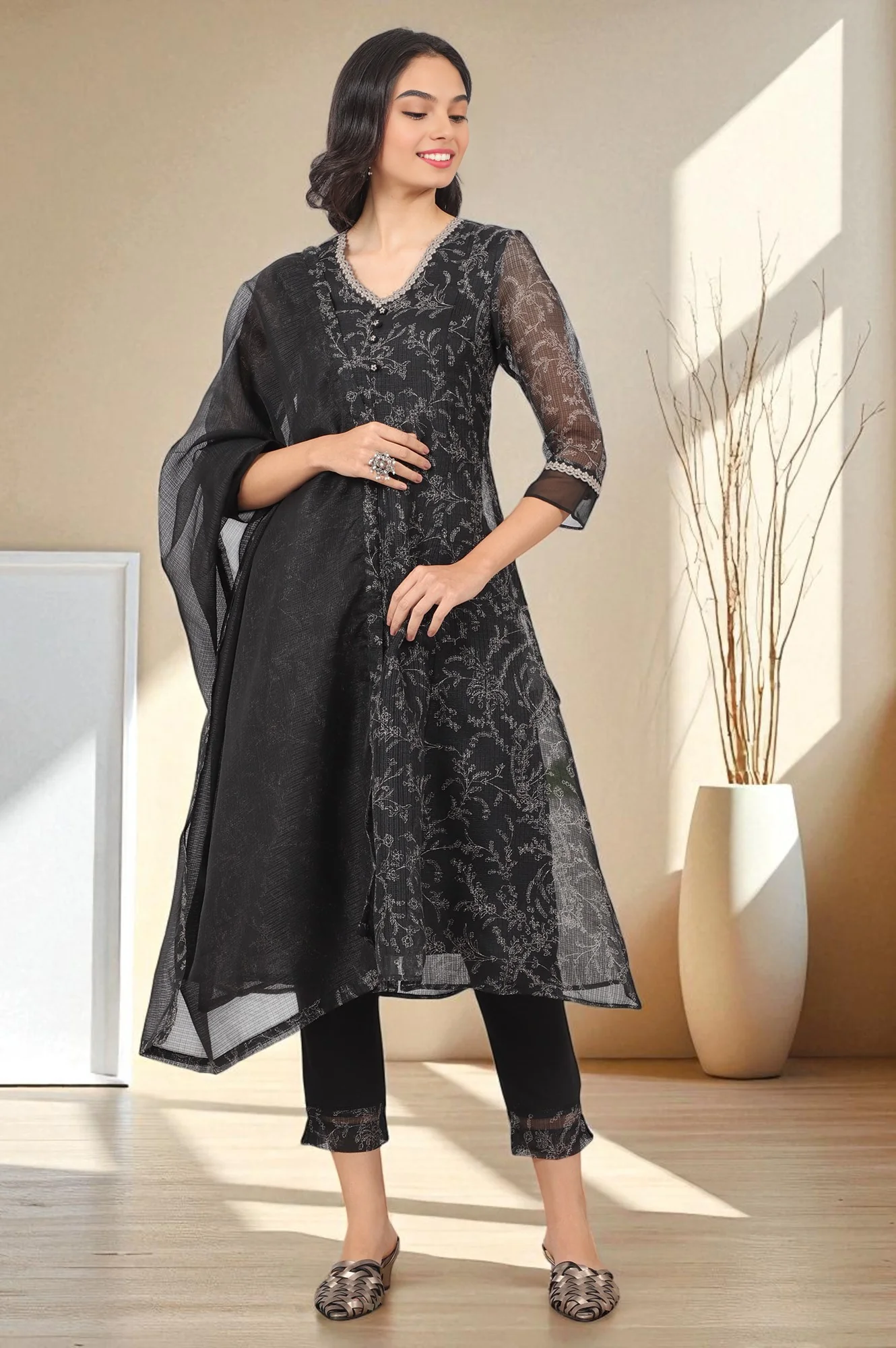 Black Floral Printed Kota A-line Kurta, Pants and Dupatta Set