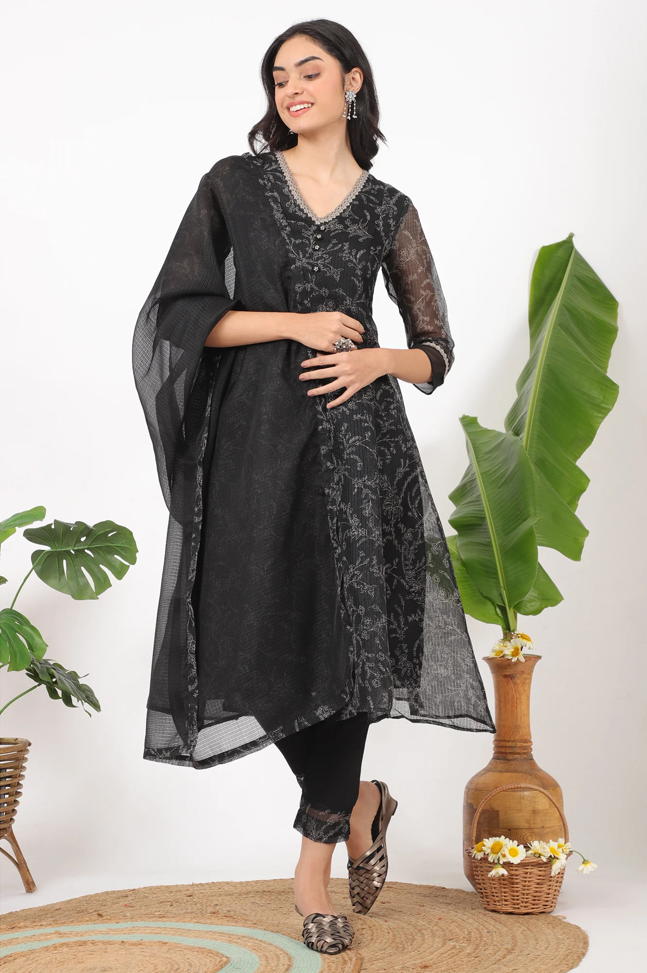 Black Floral Printed Kota A-line Kurta, Pants and Dupatta Set - Image 3