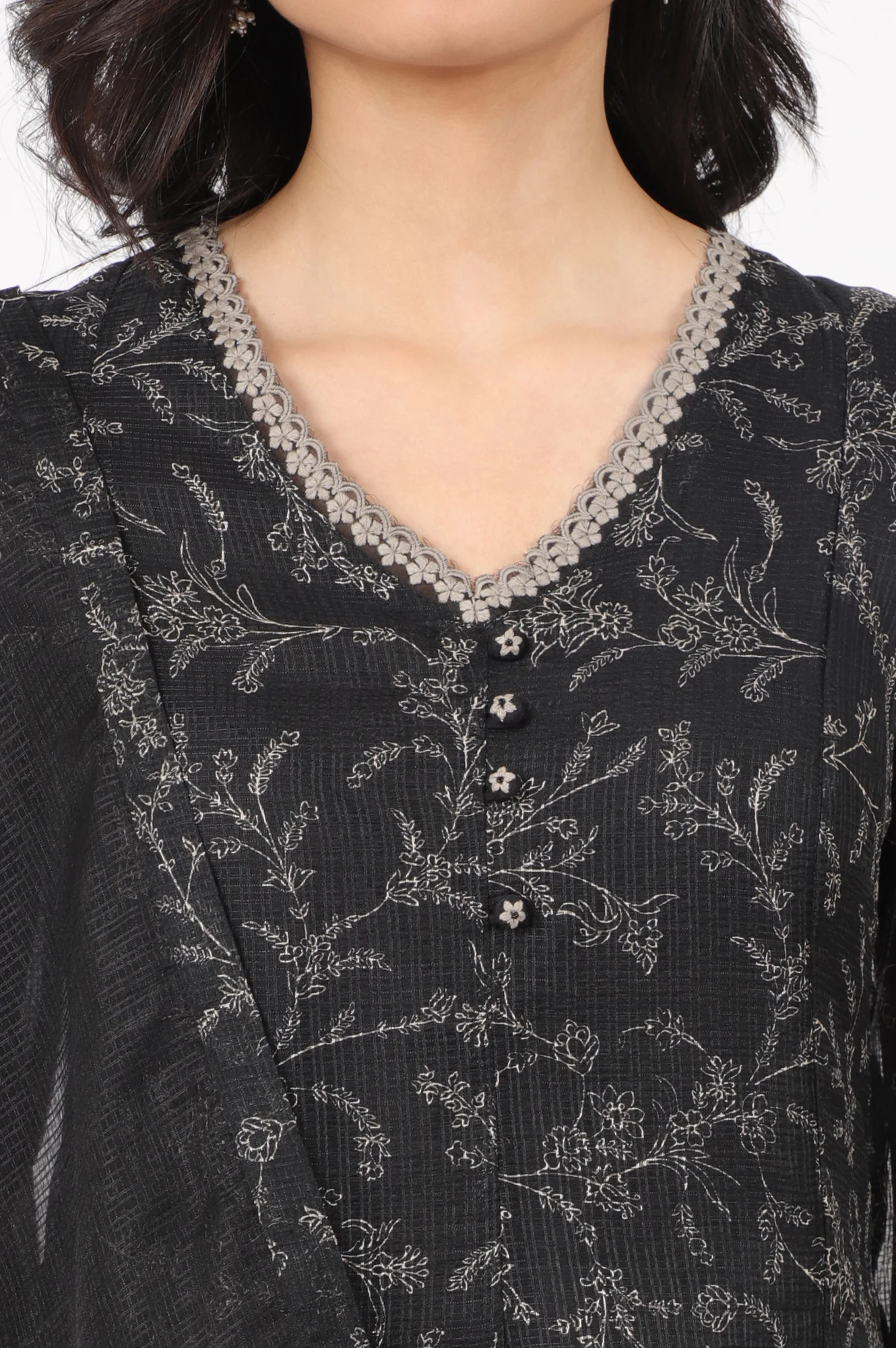 Black Floral Printed Kota A-line Kurta, Pants and Dupatta Set - Image 4