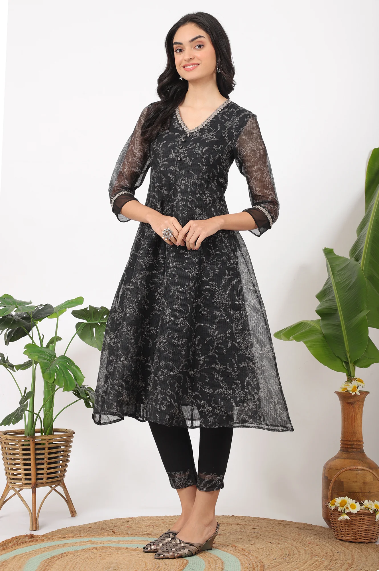 Black Floral Printed Kota A-line Kurta, Pants and Dupatta Set - Image 5