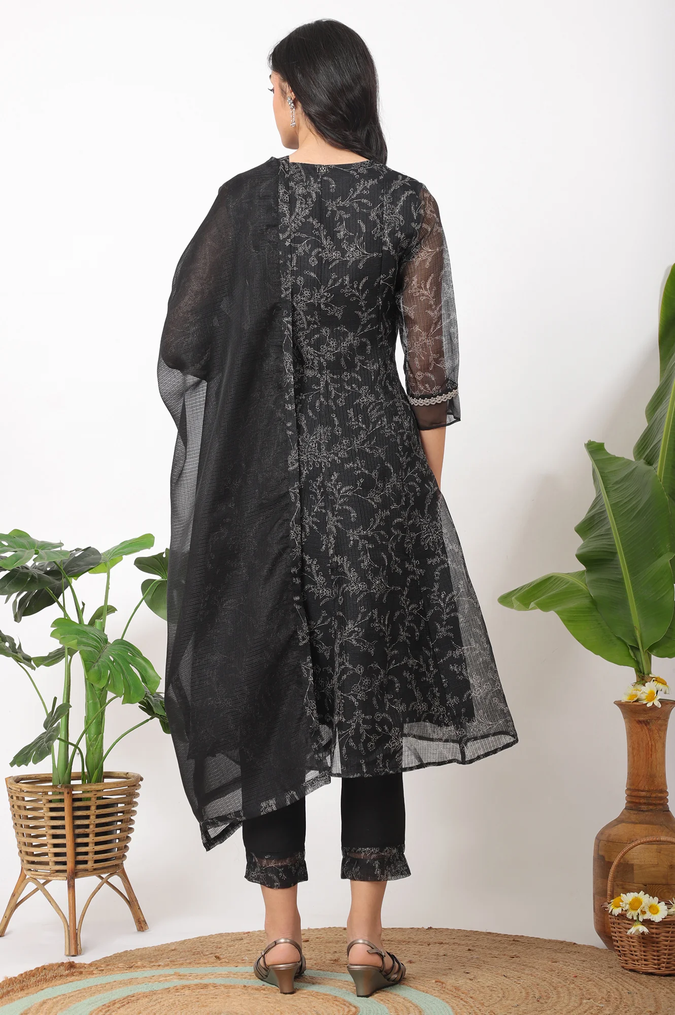 Black Floral Printed Kota A-line Kurta, Pants and Dupatta Set - Image 6