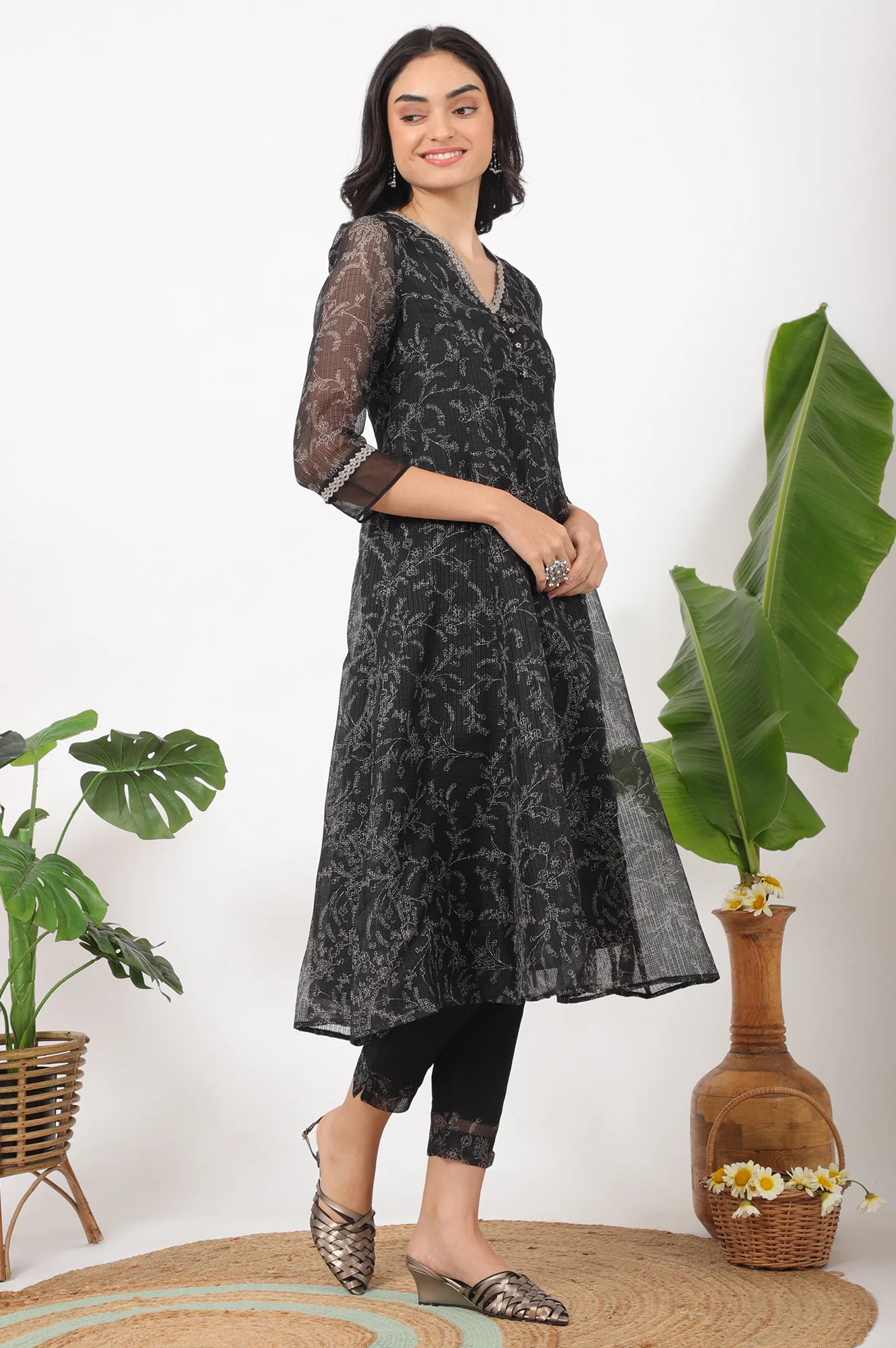 Black Floral Printed Kota A-line Kurta, Pants and Dupatta Set - Image 7