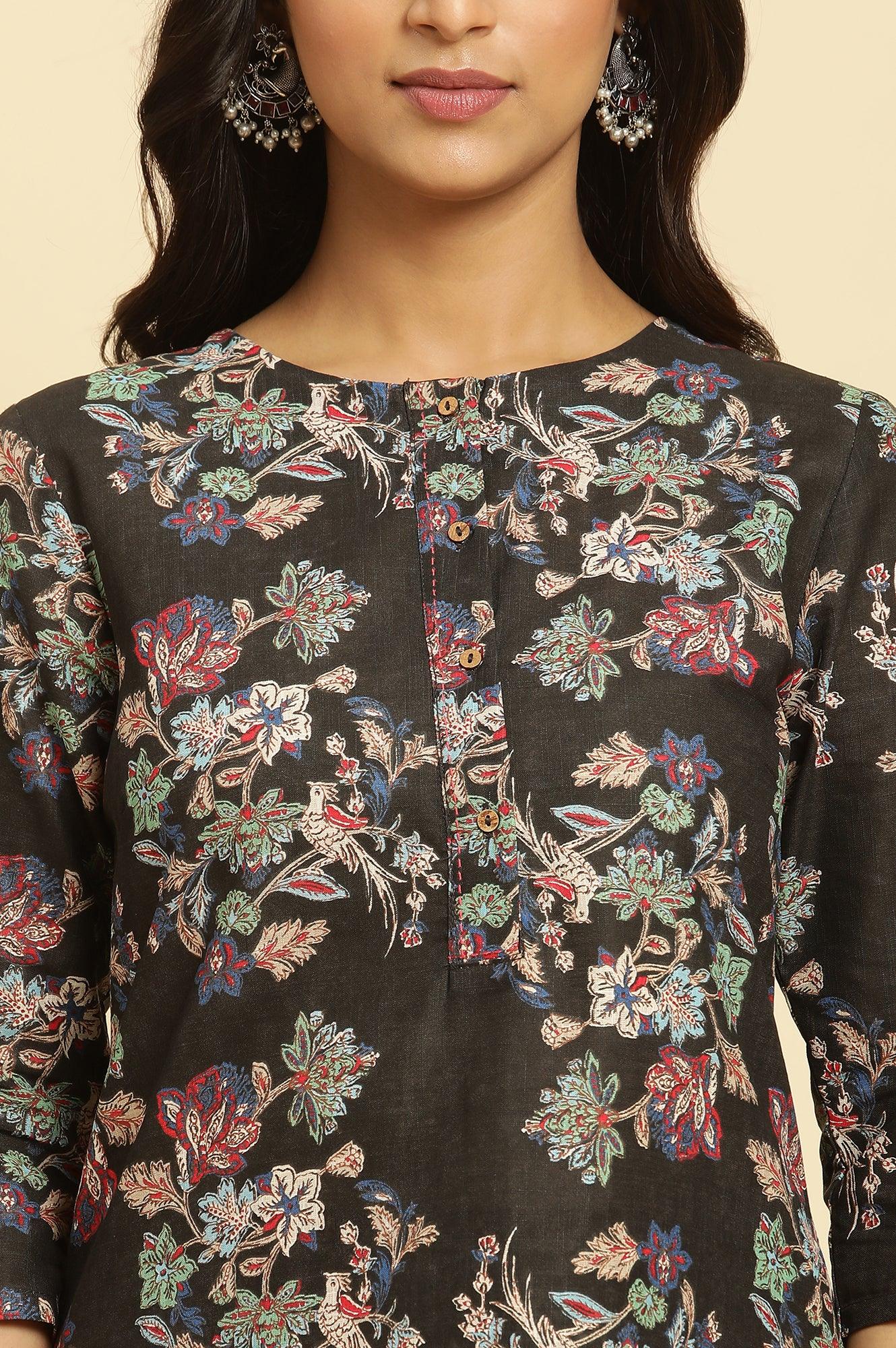 Black Floral Printed Kurta And Pants Set - Image 6