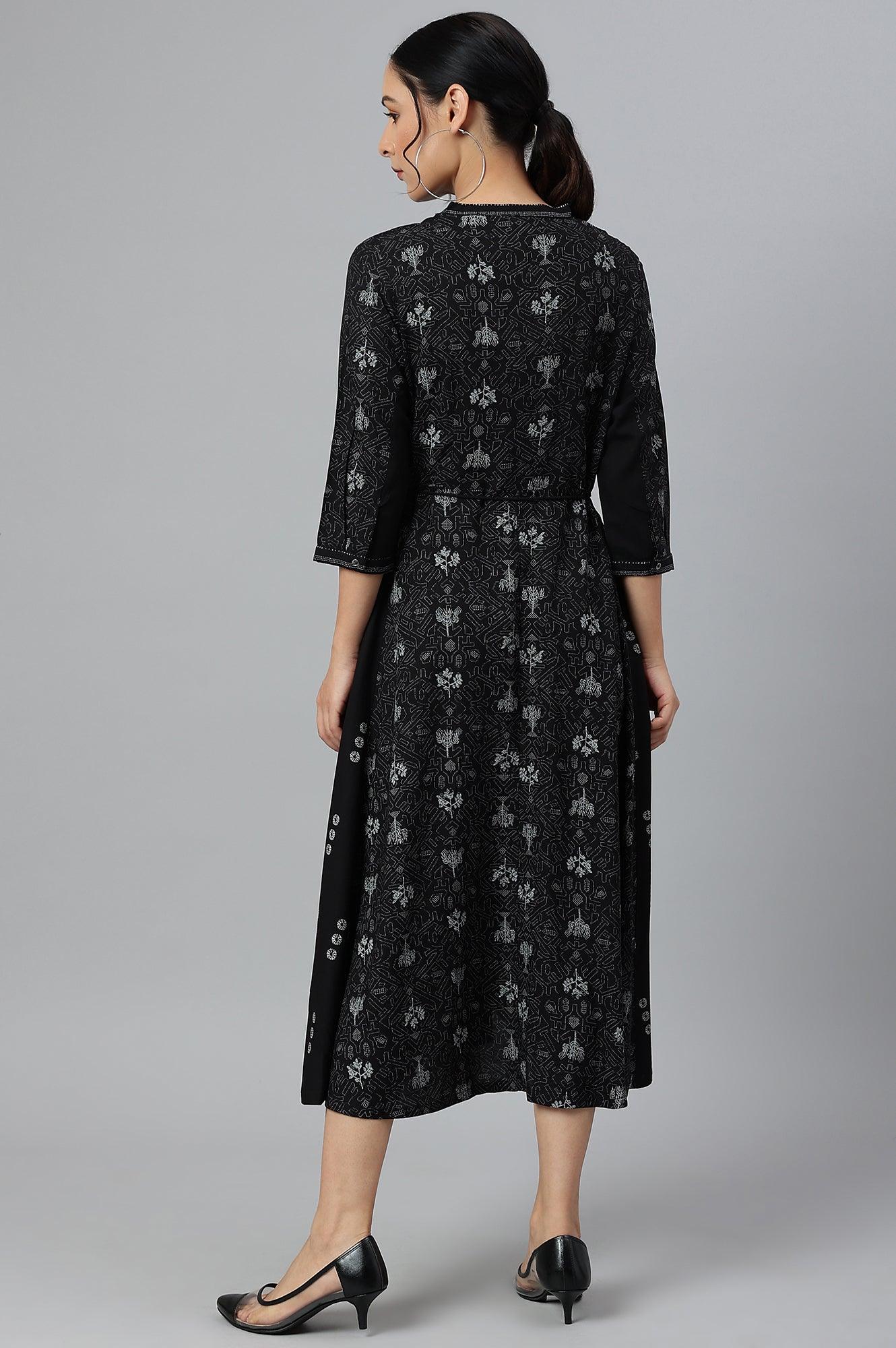 Black Floral Printed Panelled Indie Dress - Image 6
