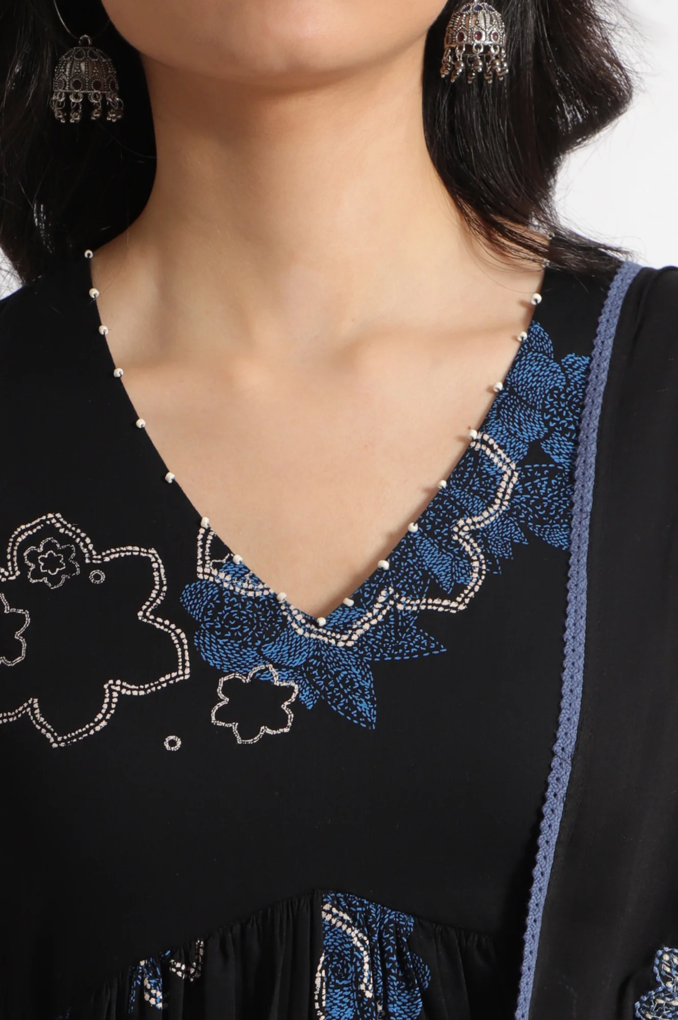 Black Floral Printed Pure Cotton Kurta, Pants and Embroidered Dupatta Set - Image 3
