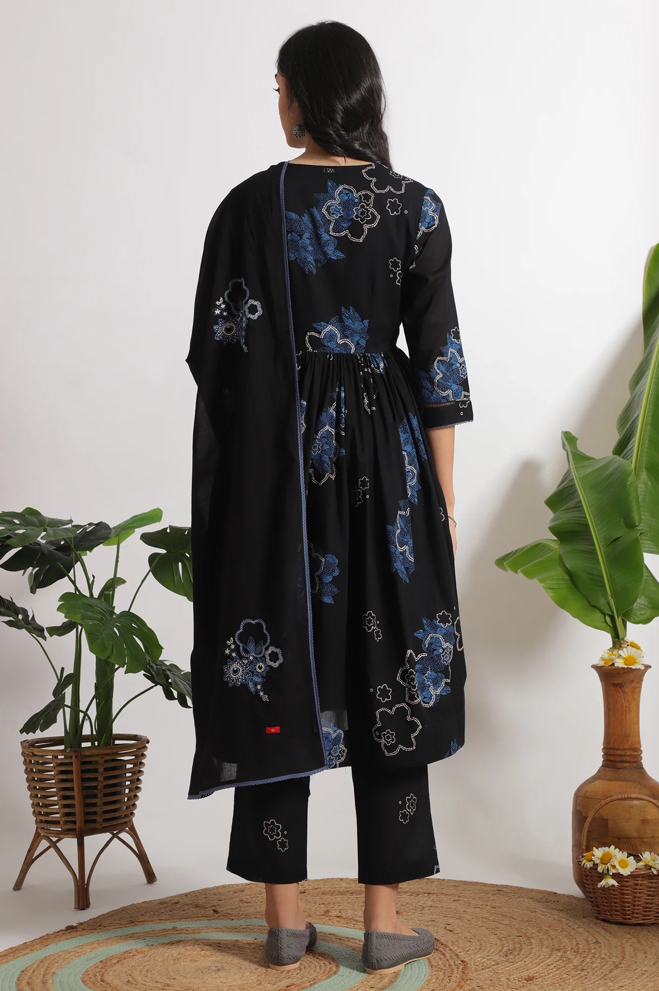 Black Floral Printed Pure Cotton Kurta, Pants and Embroidered Dupatta Set - Image 5