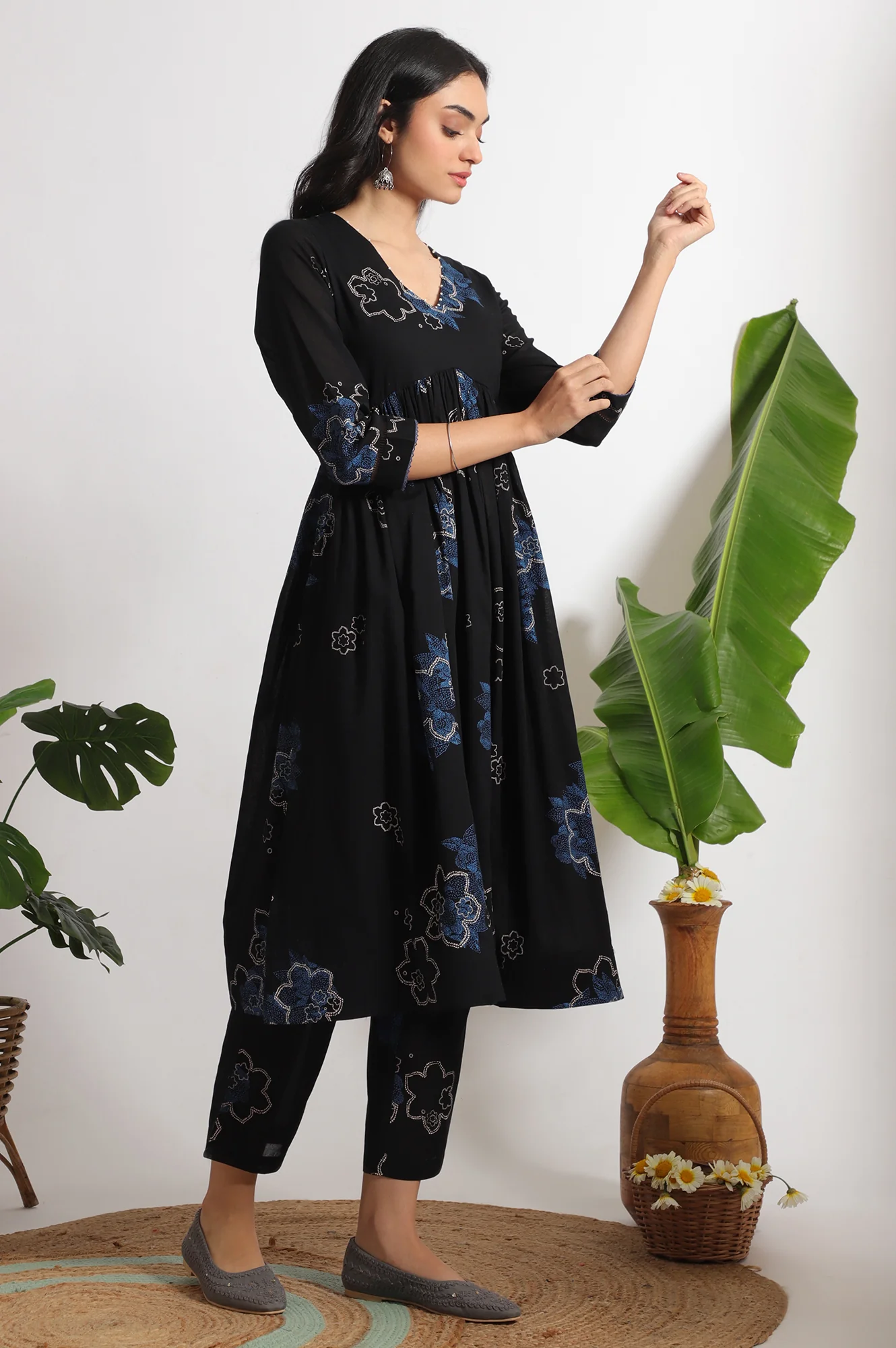 Black Floral Printed Pure Cotton Kurta, Pants and Embroidered Dupatta Set - Image 6