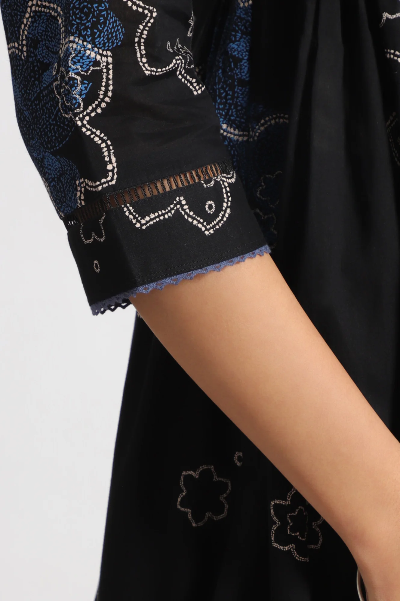 Black Floral Printed Pure Cotton Kurta, Pants and Embroidered Dupatta Set - Image 7