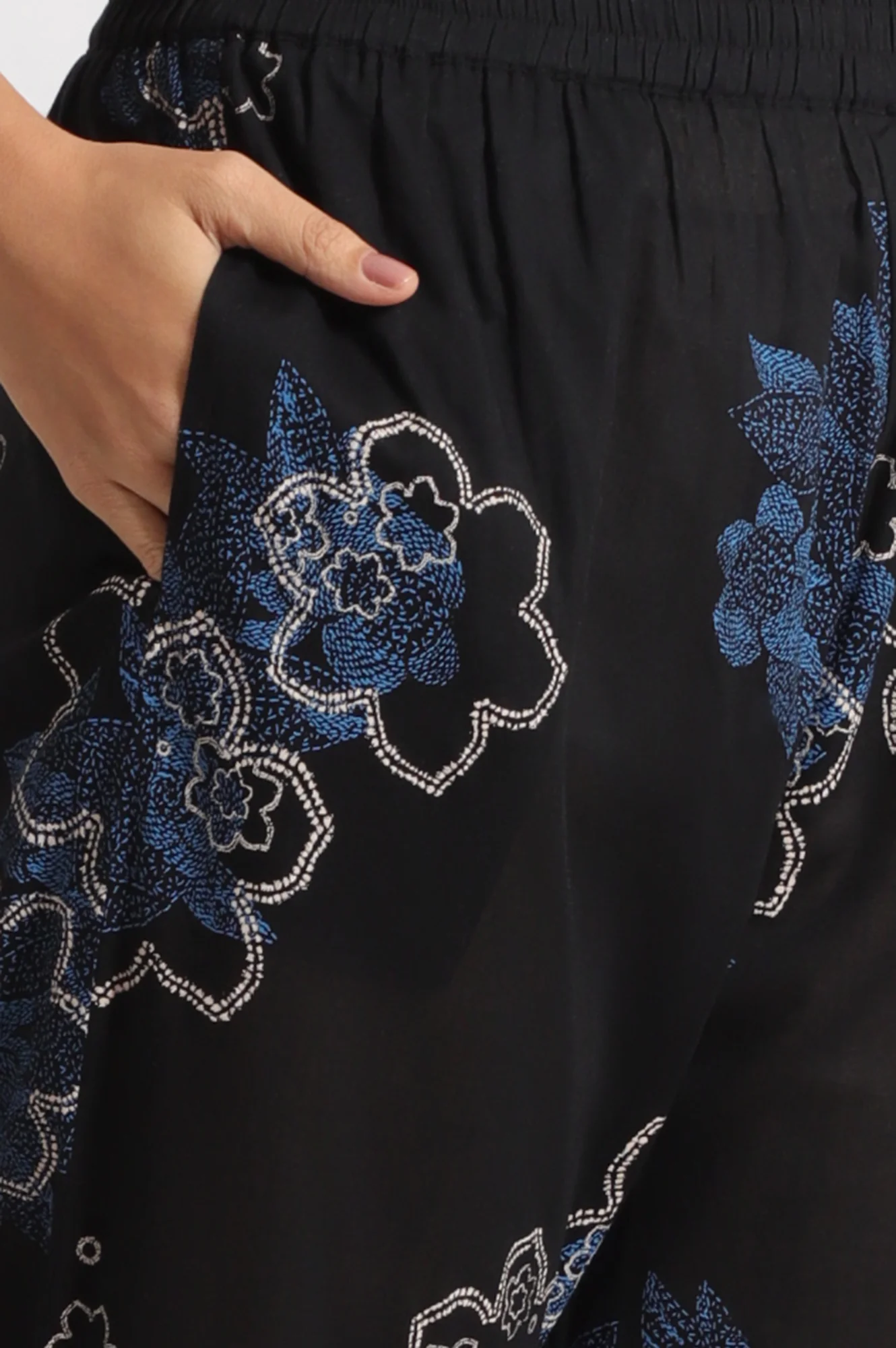 Black Floral Printed Pure Cotton Kurta, Pants and Embroidered Dupatta Set - Image 9
