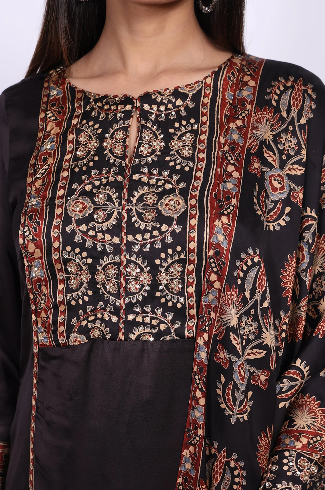 Black Floral Printed Satin Straight Kurta with Parallel Pant and Dupatta Set - Image 2