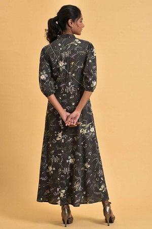 Black Floral Printed Shirt Dress With Floral Embroidery - Image 2