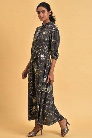 Black Floral Printed Shirt Dress With Floral Embroidery - Image 3