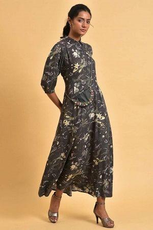 Black Floral Printed Shirt Dress With Floral Embroidery - Image 4
