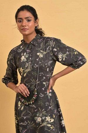 Black Floral Printed Shirt Dress With Floral Embroidery - Image 5