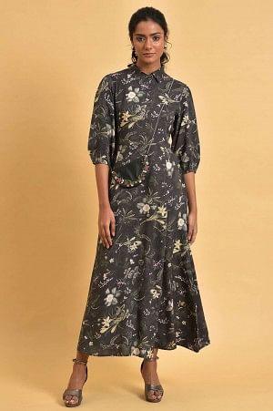 Black Floral Printed Shirt Dress With Floral Embroidery - Image 6