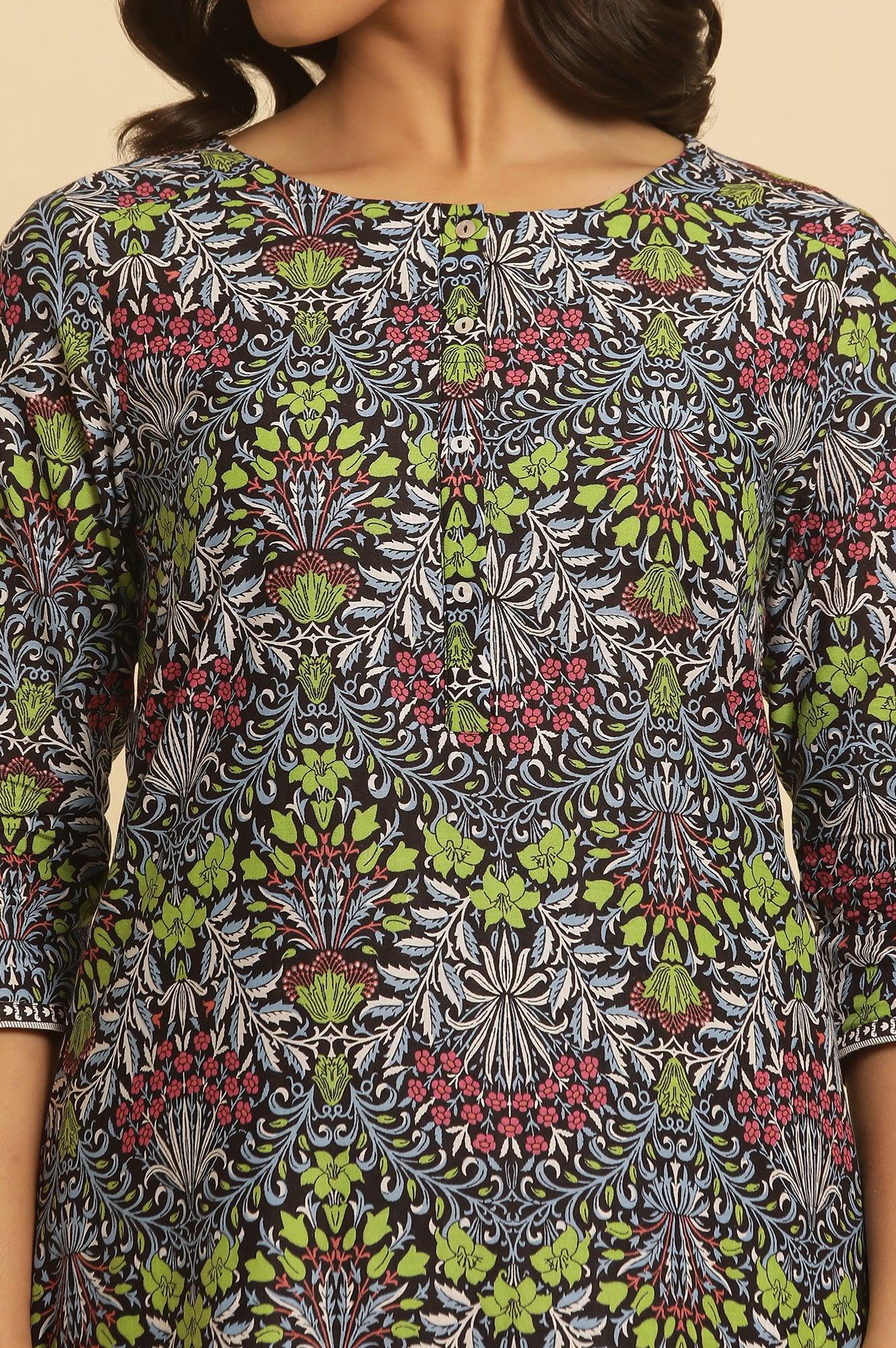 Black Floral Printed Straight Kurta And Pants Set - Image 7