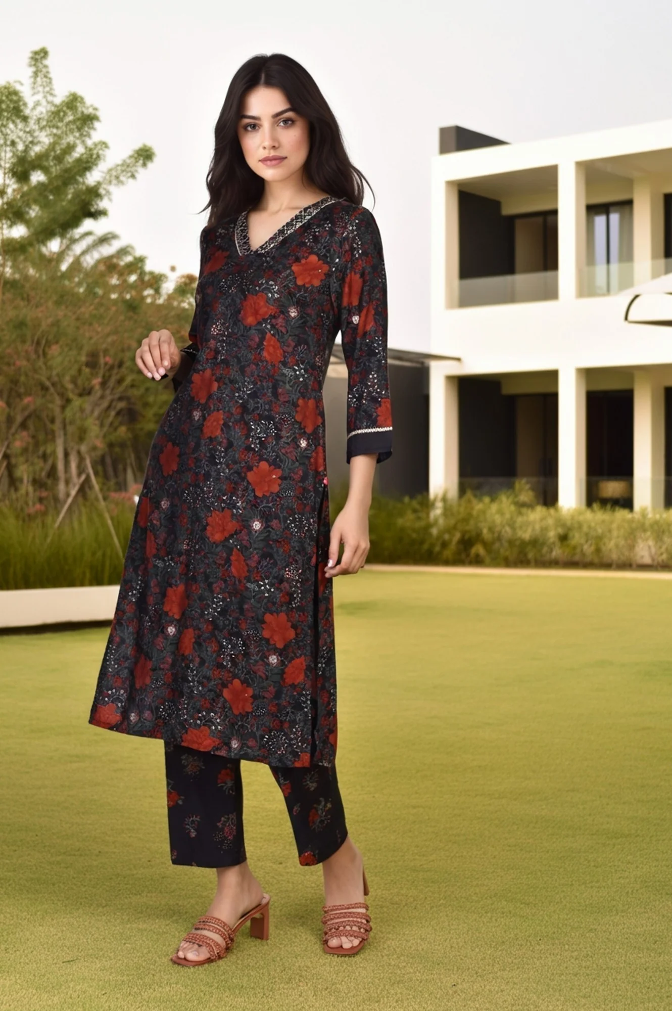Black Floral Printed A-Line Crepe Kurta with Pant Co-ord Set - Image 5