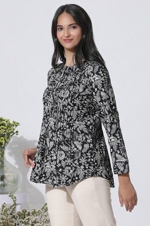 Black Floral Printed Top With Front Pleats - Image 2