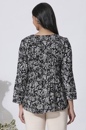 Black Floral Printed Top With Front Pleats - Image 3