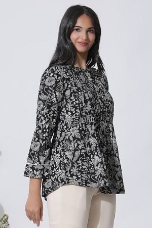 Black Floral Printed Top With Front Pleats - Image 4