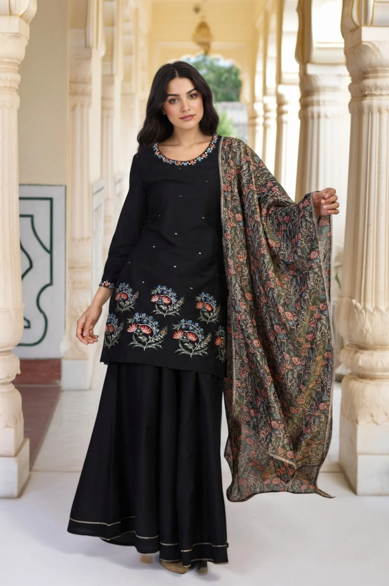 Black Floral Thread Embroidery Straight Woven Kurta with Flared Pant and Dupatta Set - Image 2