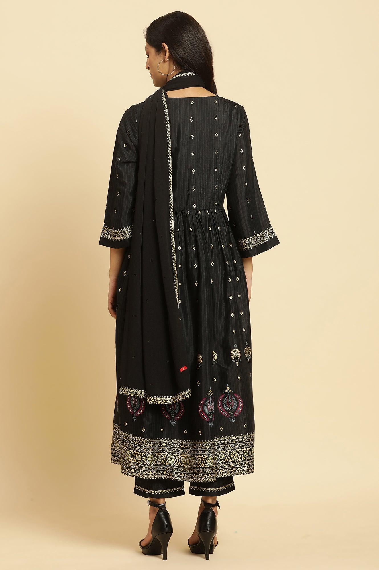 Black Kurta, Pants and Dupatta Festive Set - Image 4