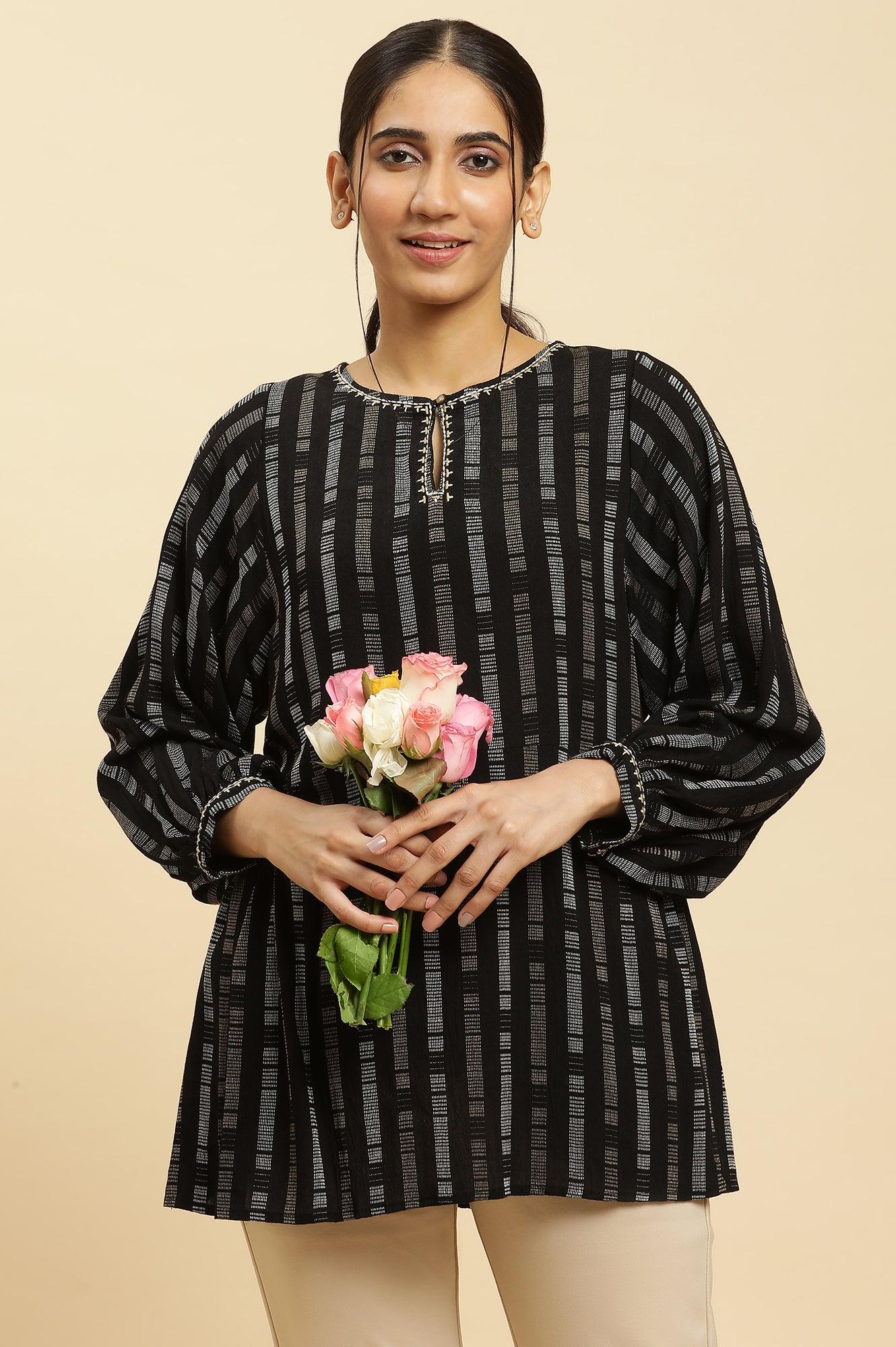 Black Gathered Top With Embroidery - Image 6