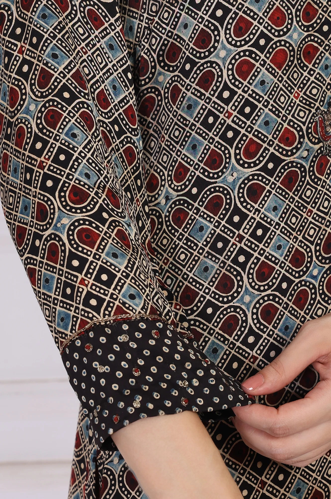 Black Geometric Printed Embellished A-Line Satin Kurta - Image 7