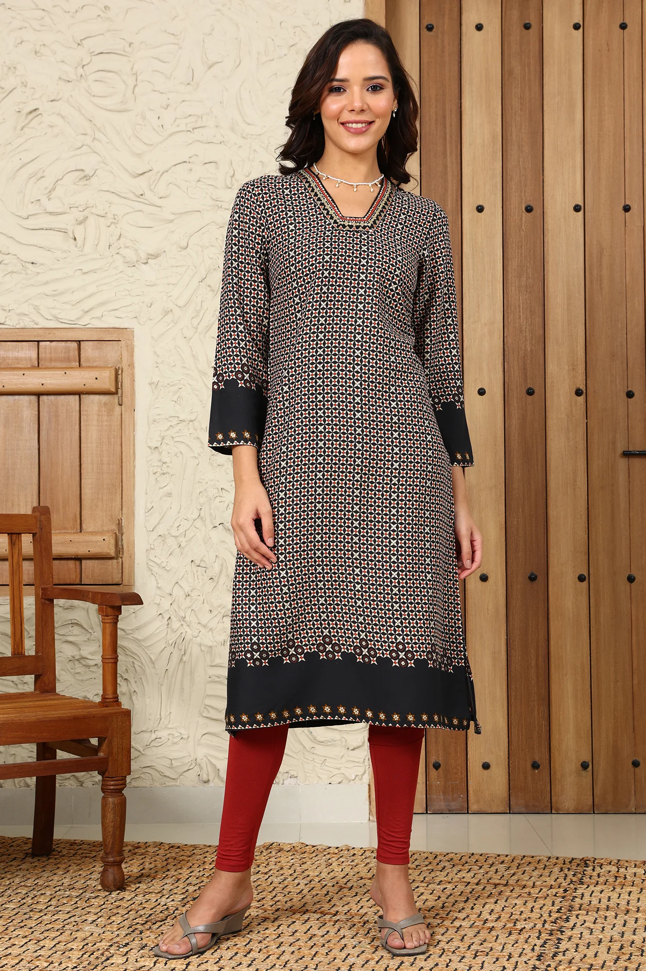 Black Geometric Printed Rayon A-Line Kurta With Metallic Embroidery On Neck - Image 2