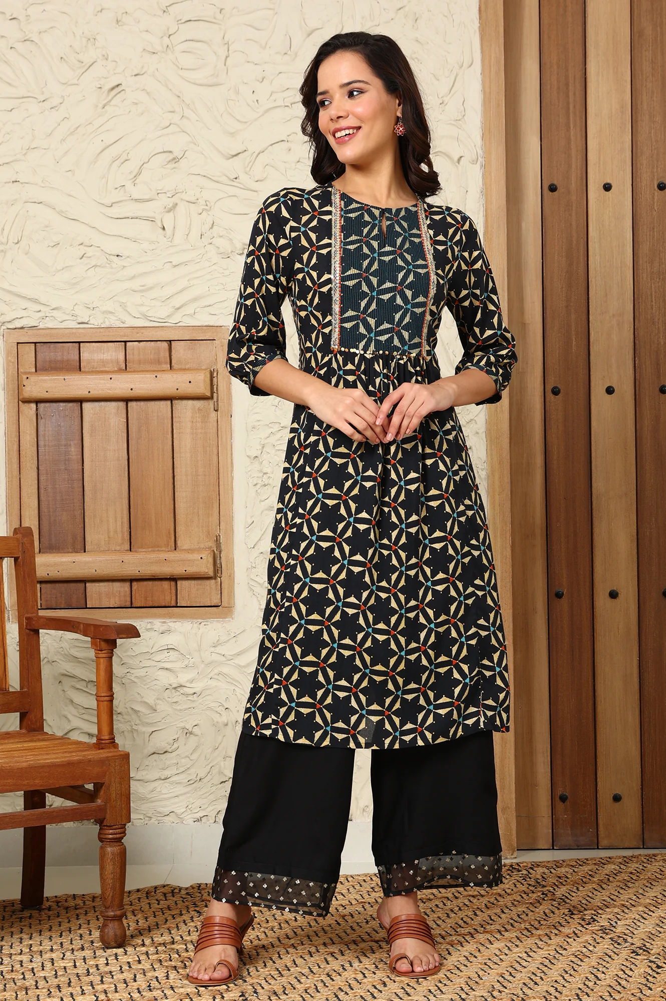 Black Geometric Printed Rayon Crepe A-Line Kurta With Metallic Embroidery On Yoke - Image 2