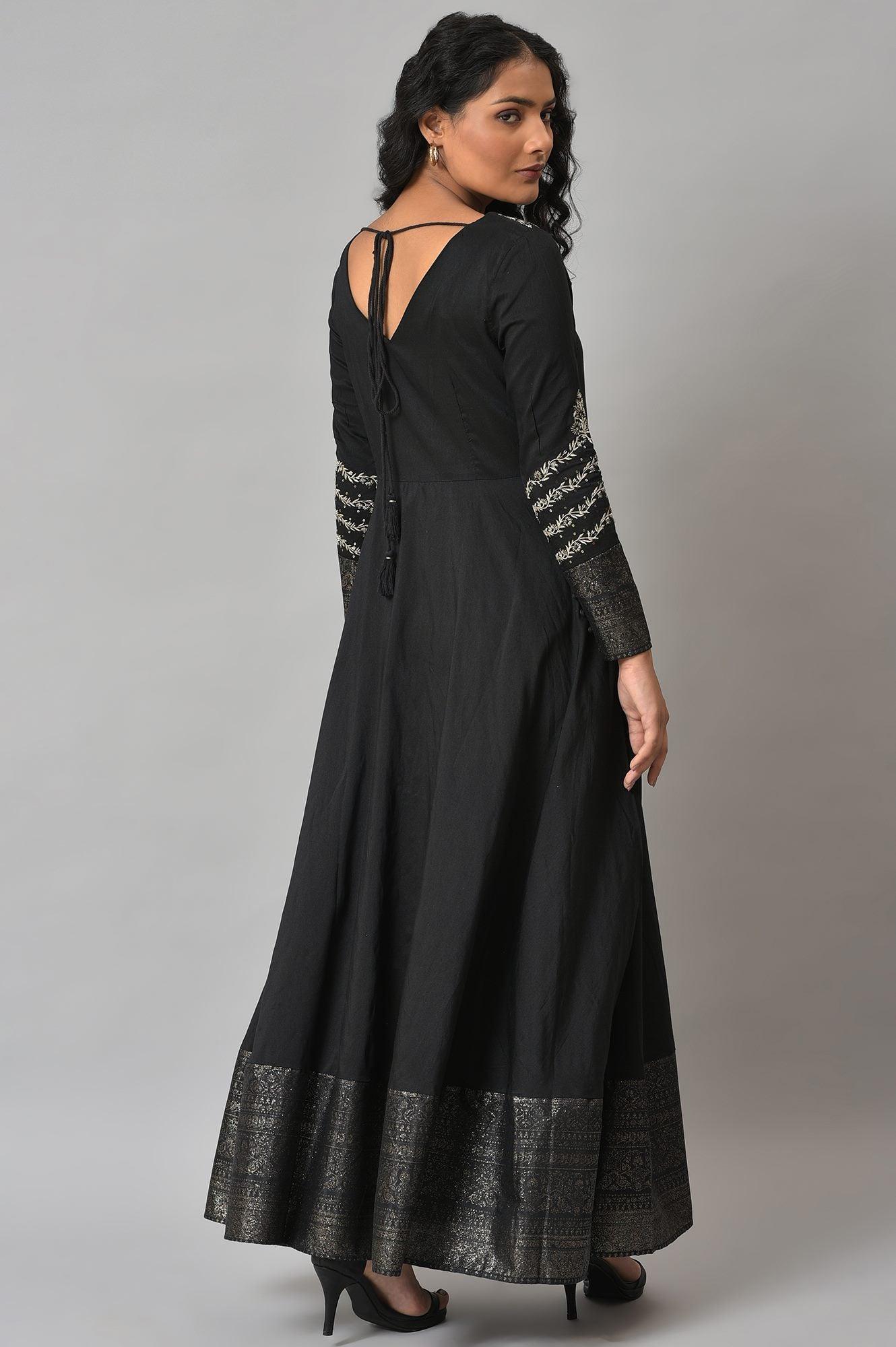 Black Glitter Printed And Embroidered Dress - Image 3
