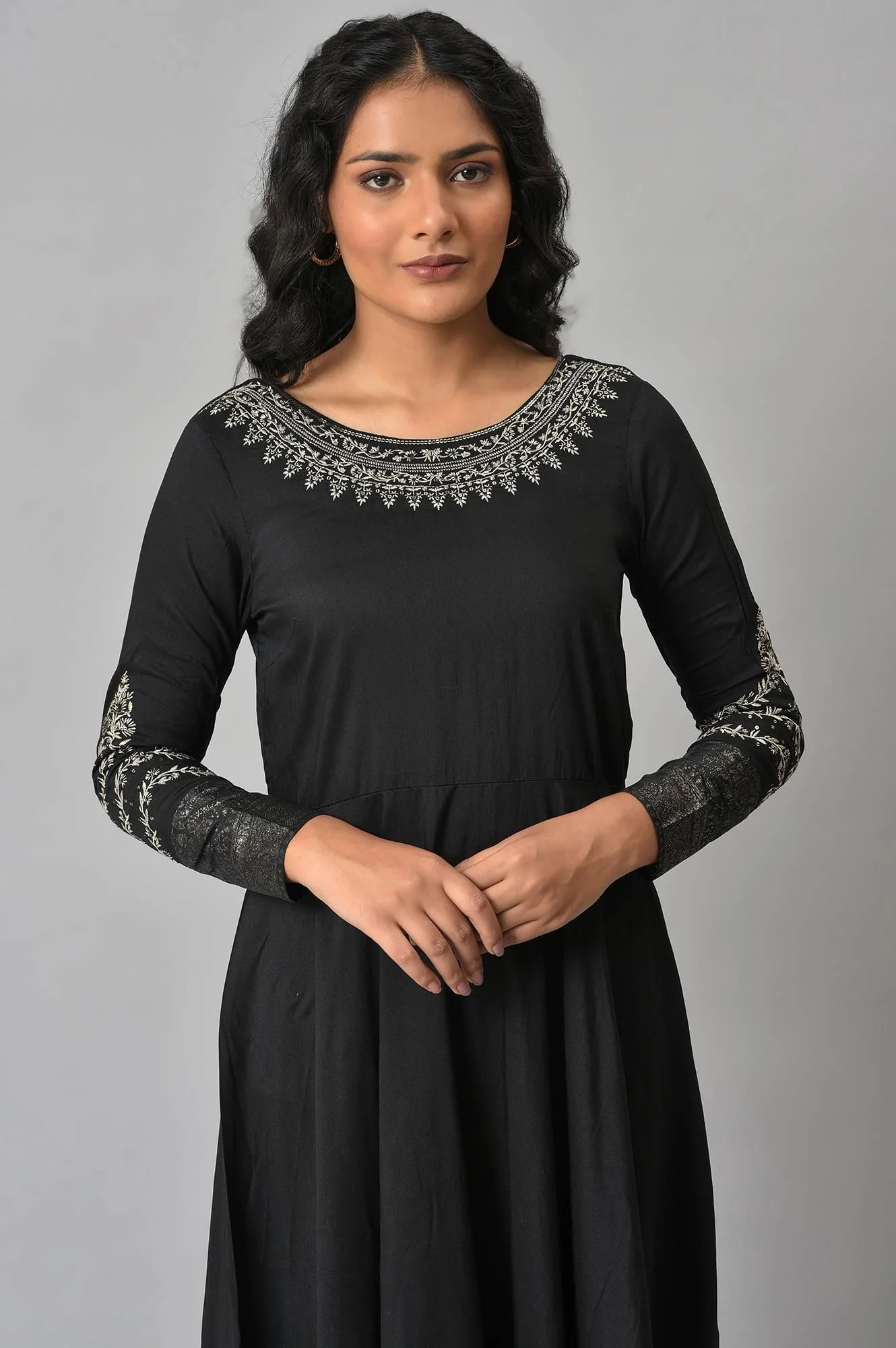 Black Glitter Printed And Embroidered Dress - Image 6