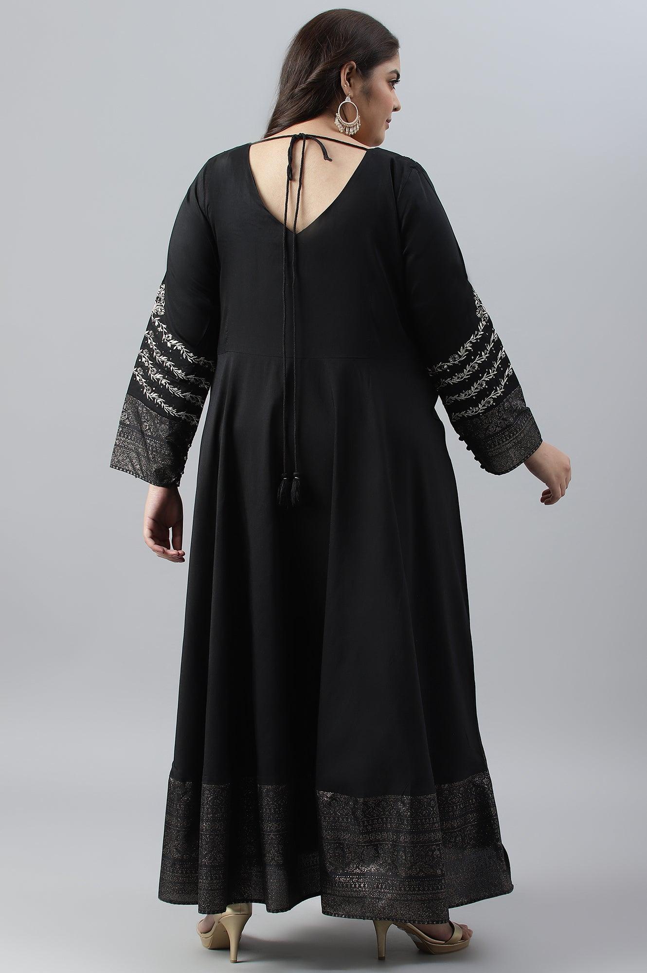 Black Glitter Printed And Embroidered Plus Size Dress - Image 2