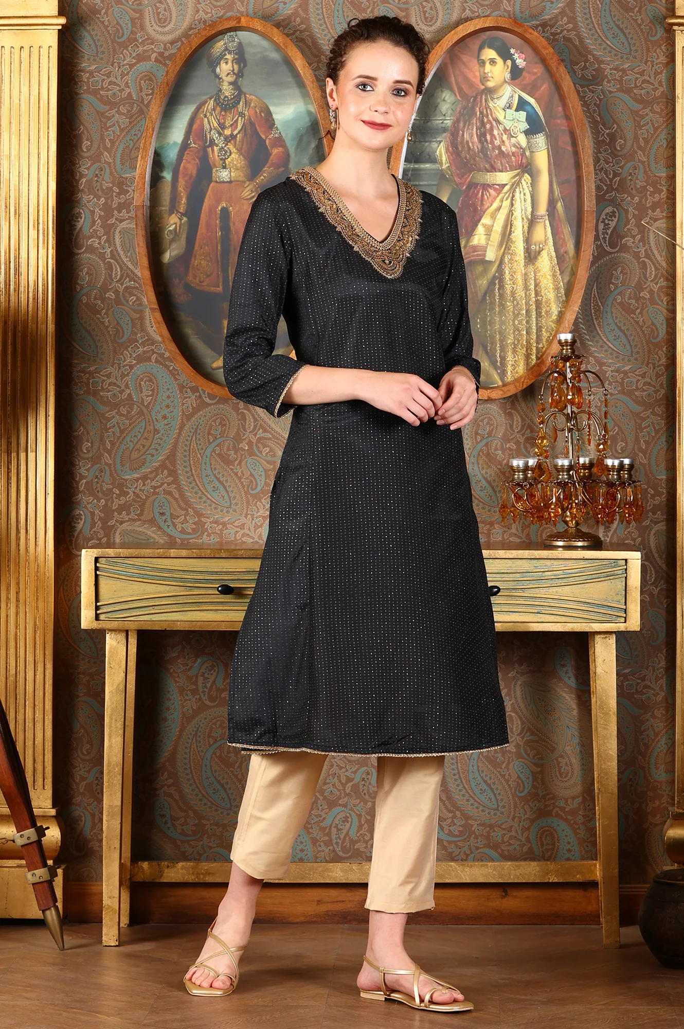 Black Glitter Printed Shantung Kurta With Metallic Embroidery - Image 4