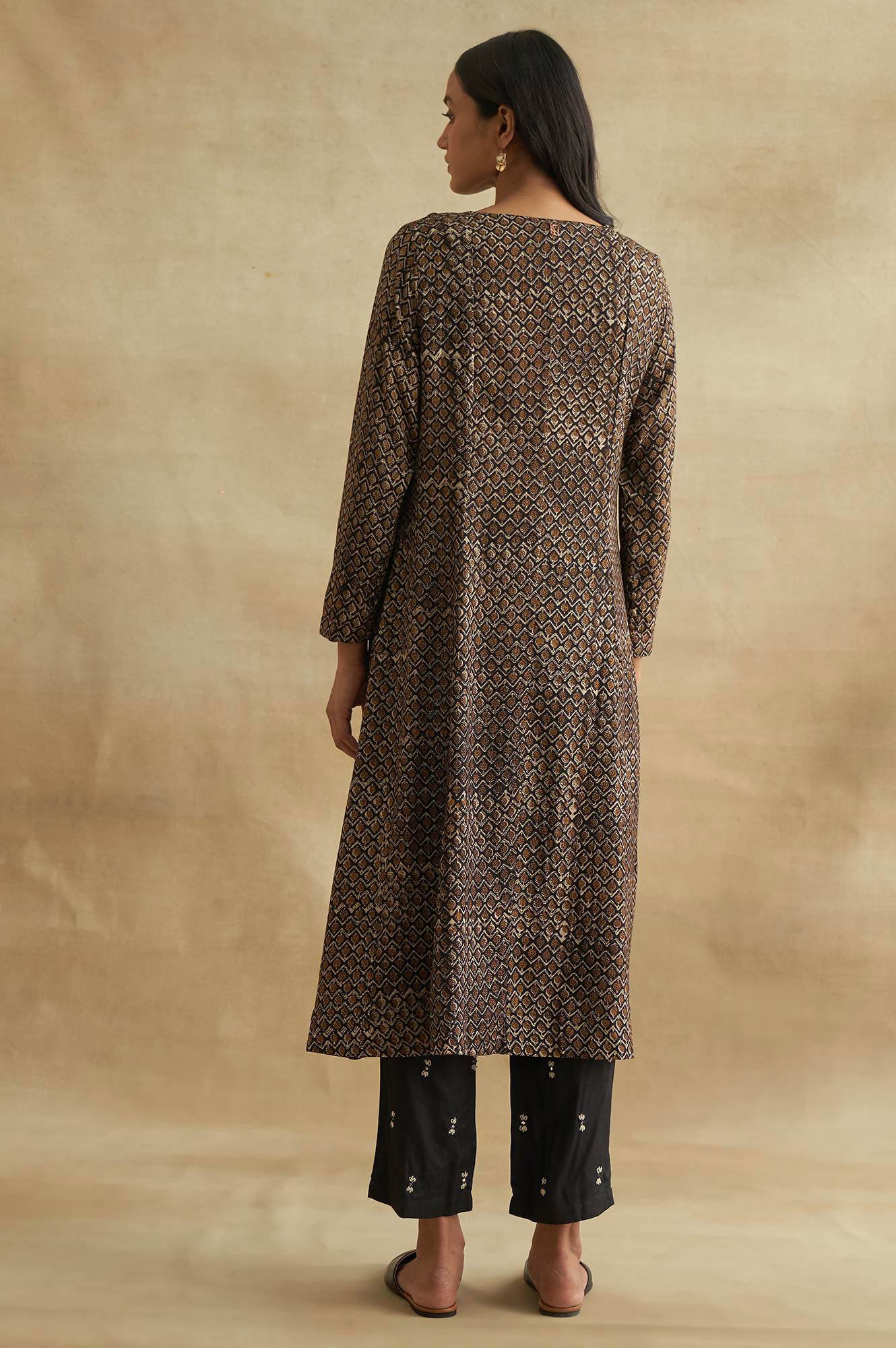 Black Handblock Print Flared kurta - Image 2