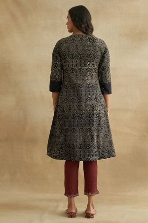 Black Handblock Printed Flared kurta - Image 2
