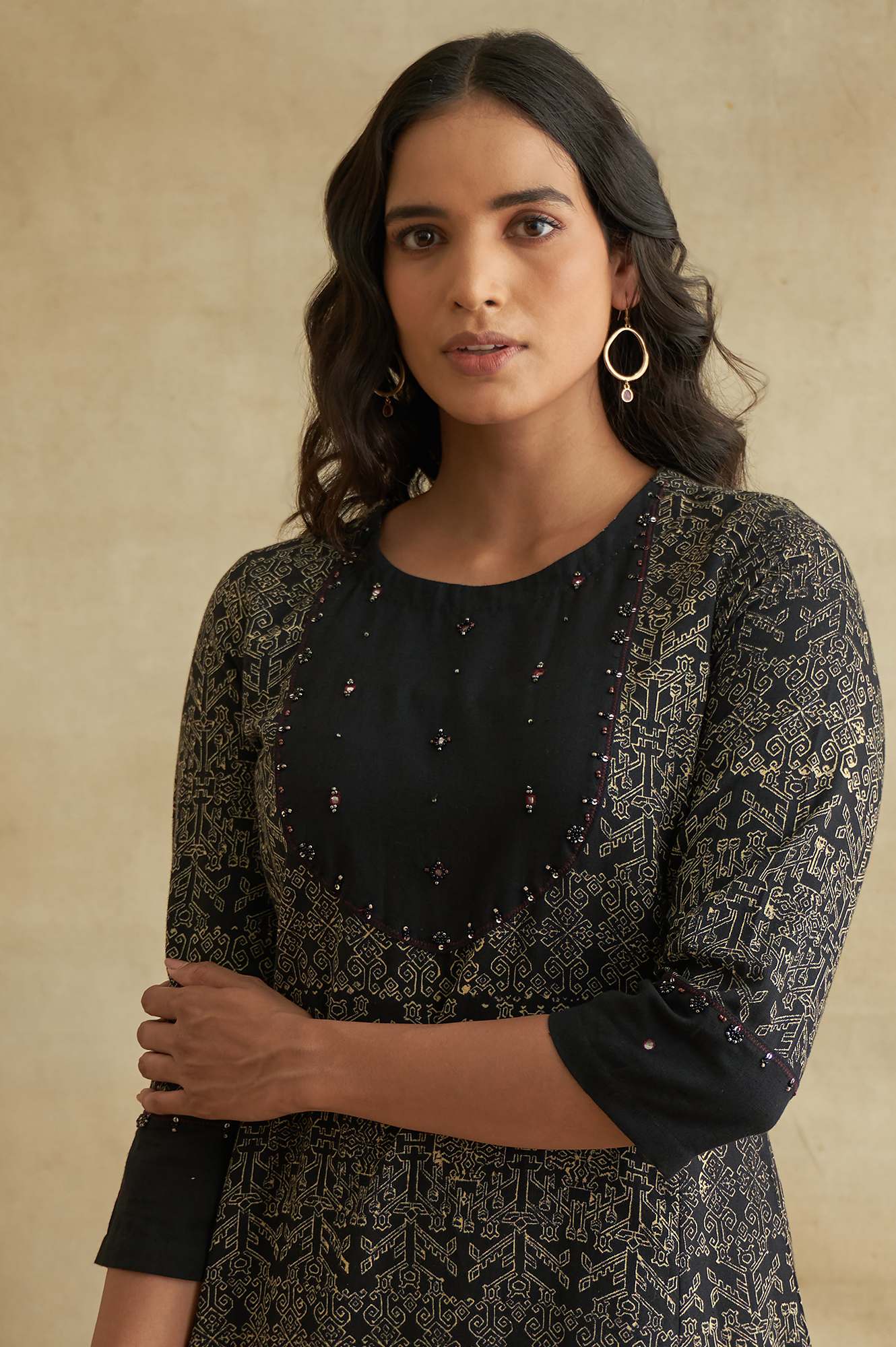 Black Handblock Printed Flared kurta - Image 6