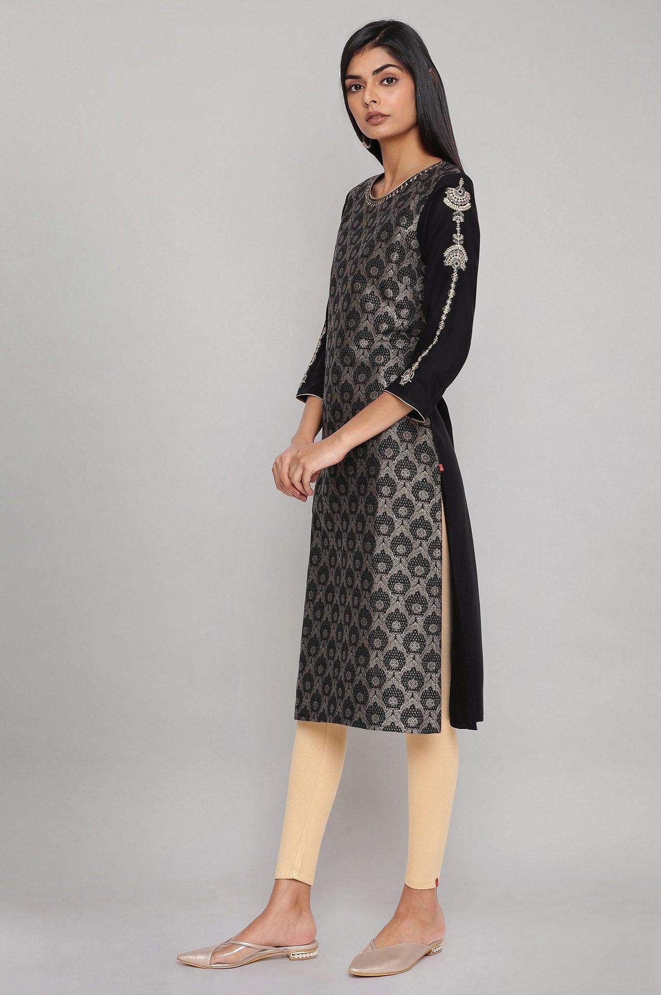 Black Jacquard kurta with Embroidery - Image 3