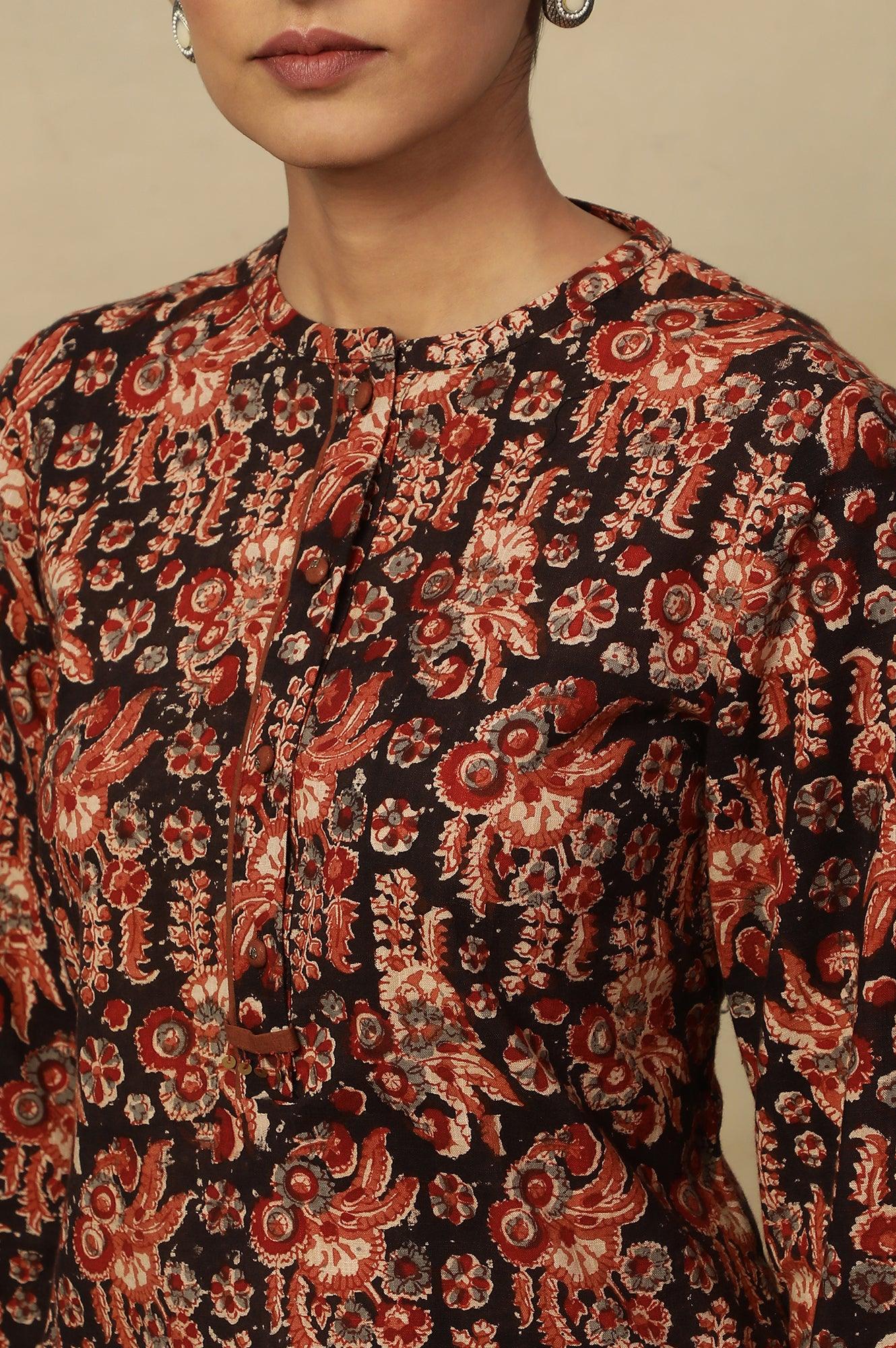 Black Kalamkari Printed Straight Kurta in Cotton Slub - Image 7