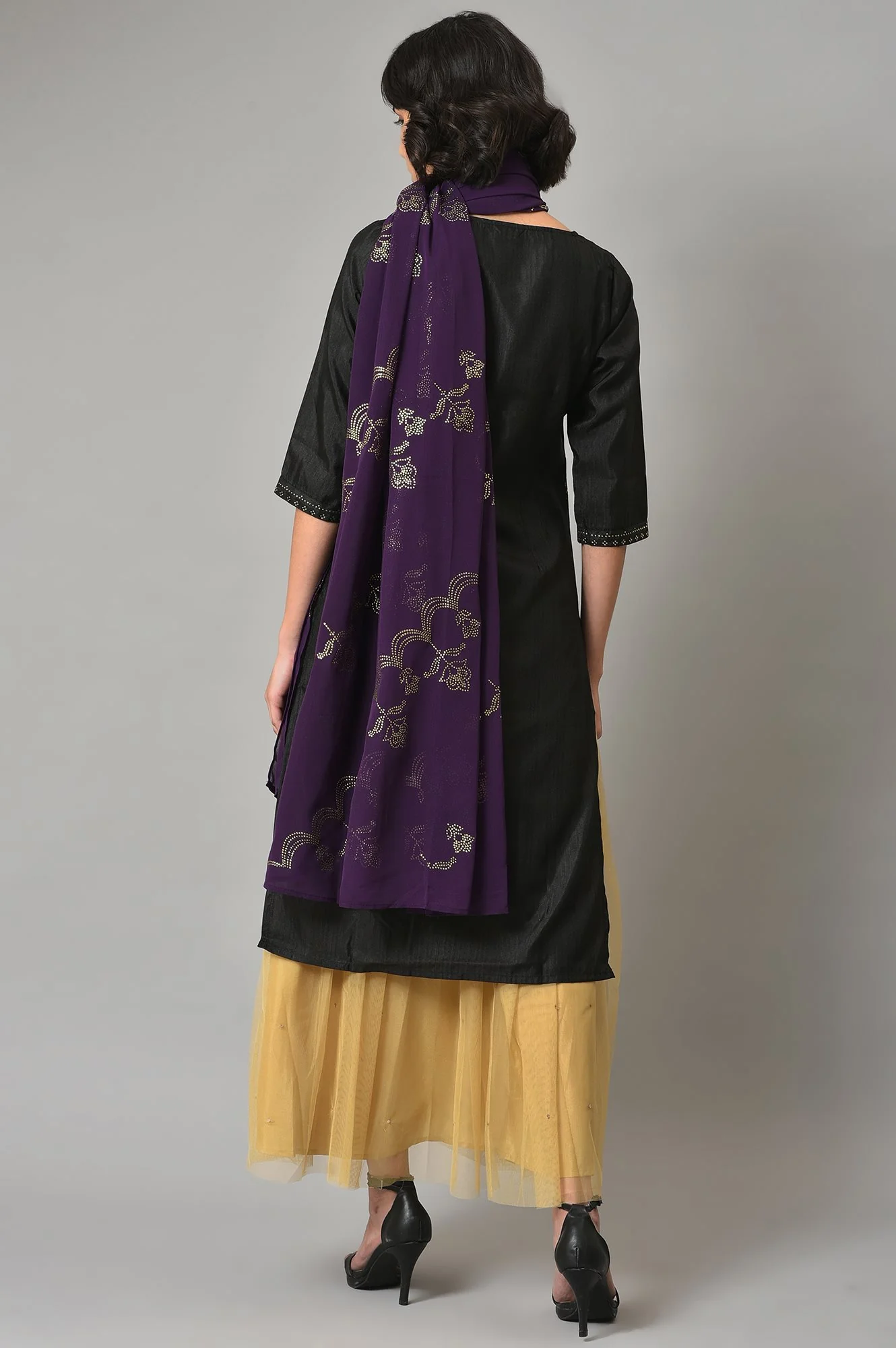 Black Karnatka Silk kurta With Golden Sequin Skirt And Purple Dupatta - Image 2