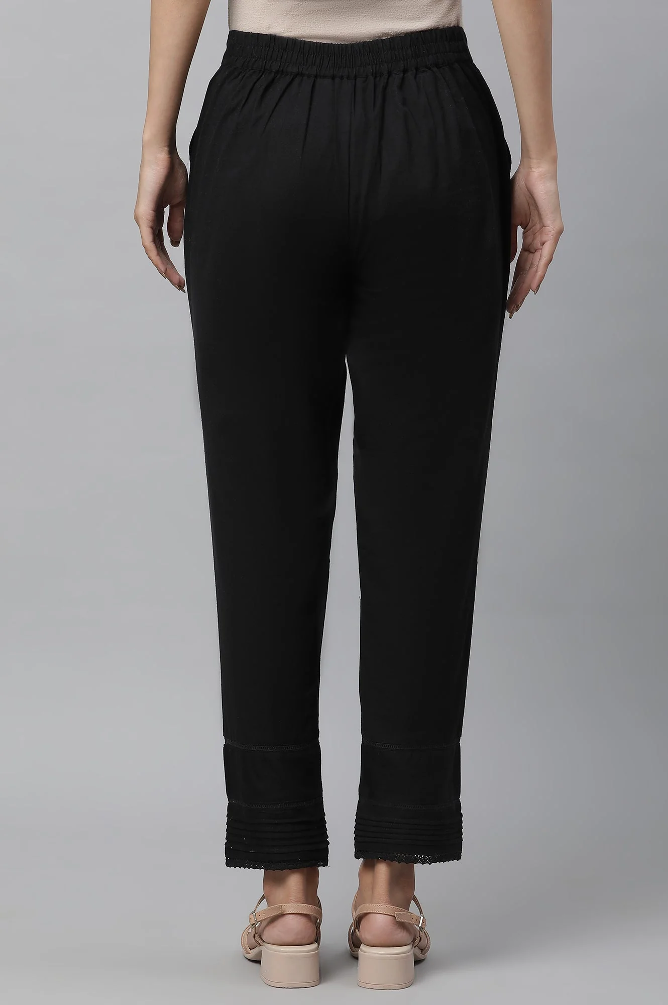 Elleven Women's Black Solid Straight Fit Cotton Trousers With Lace Insert - Image 3