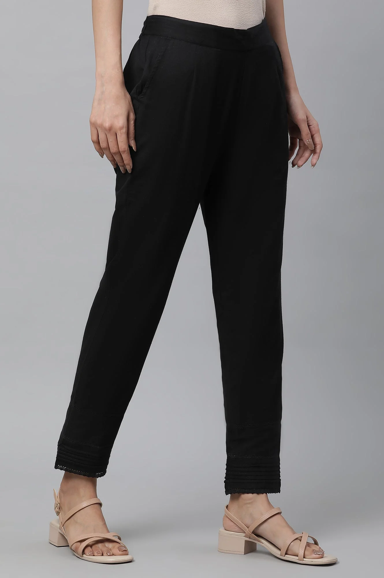 Elleven Women's Black Solid Straight Fit Cotton Trousers With Lace Insert - Image 4