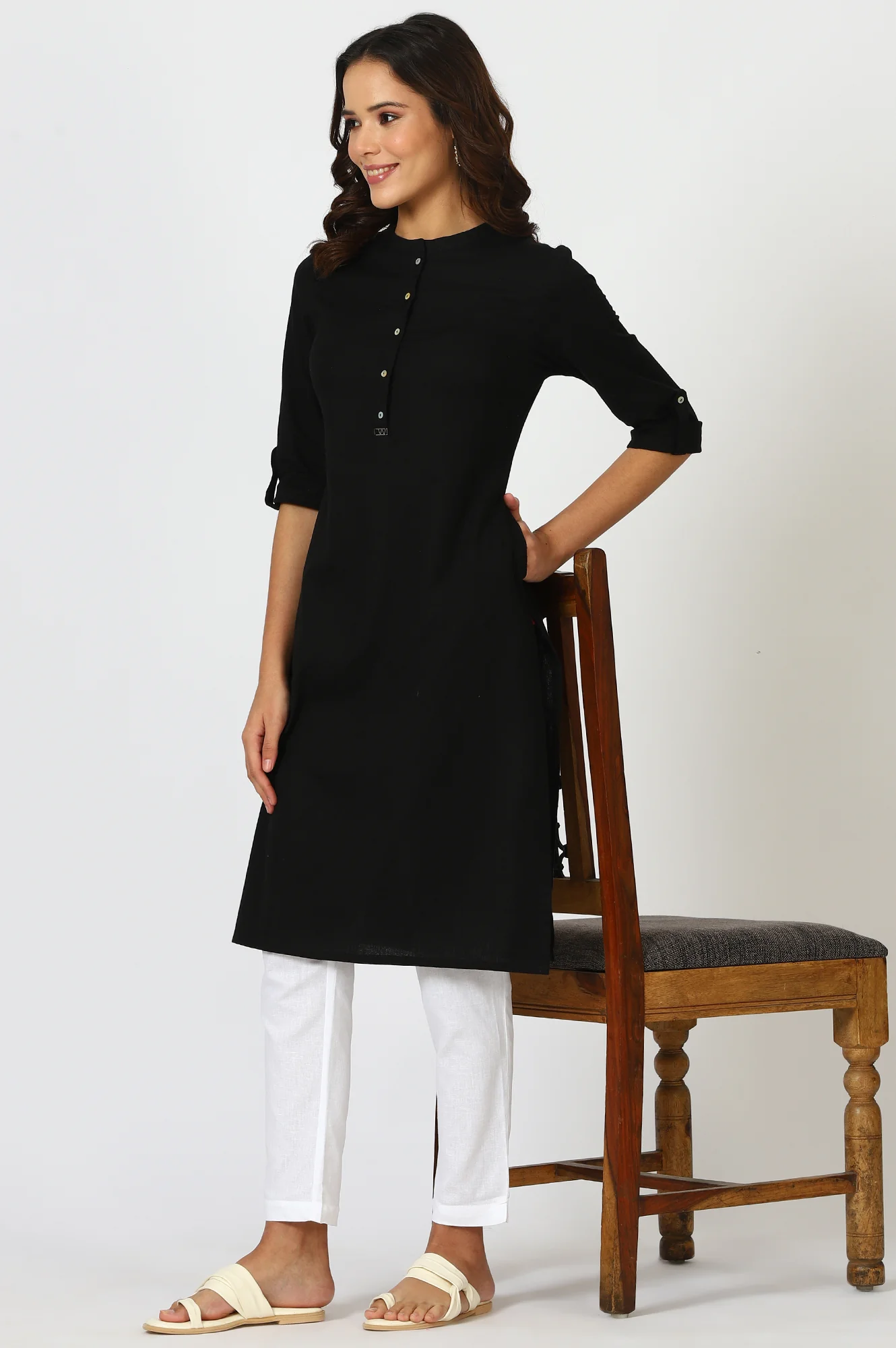 Black Mandarin Collar Cotton Blend Straight Kurta - Image 5