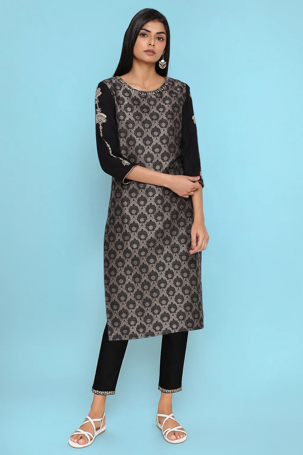 Black Metallic Embroidery Cotton Blend Straight Kurta and Slim Pant Set - Image 2